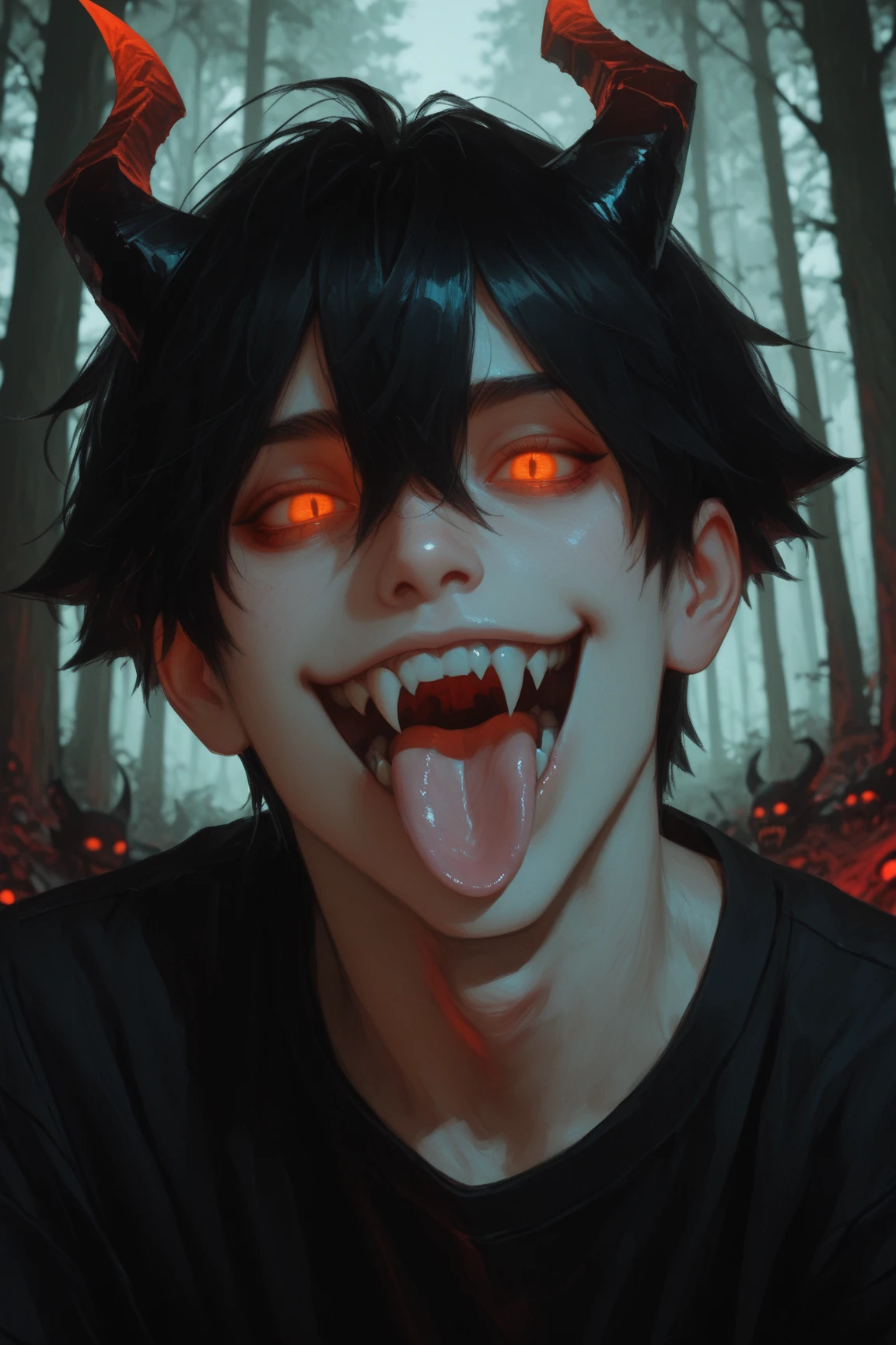 masterpiece, best quality, amazing quality, very aesthetic, 1boy, tongue, glowing_eyes, male_focus, horns, solo, fangs, glowing, tongue_out, teeth, black_hair, looking_at_viewer, forest, open_mouth, tree, nature, demon_boy, smile, portrait, black_shirt, short_hair, hair_between_eyes, shirt, outdoors, sharp_teeth, demon_horns, red_eyes, orange_eyes