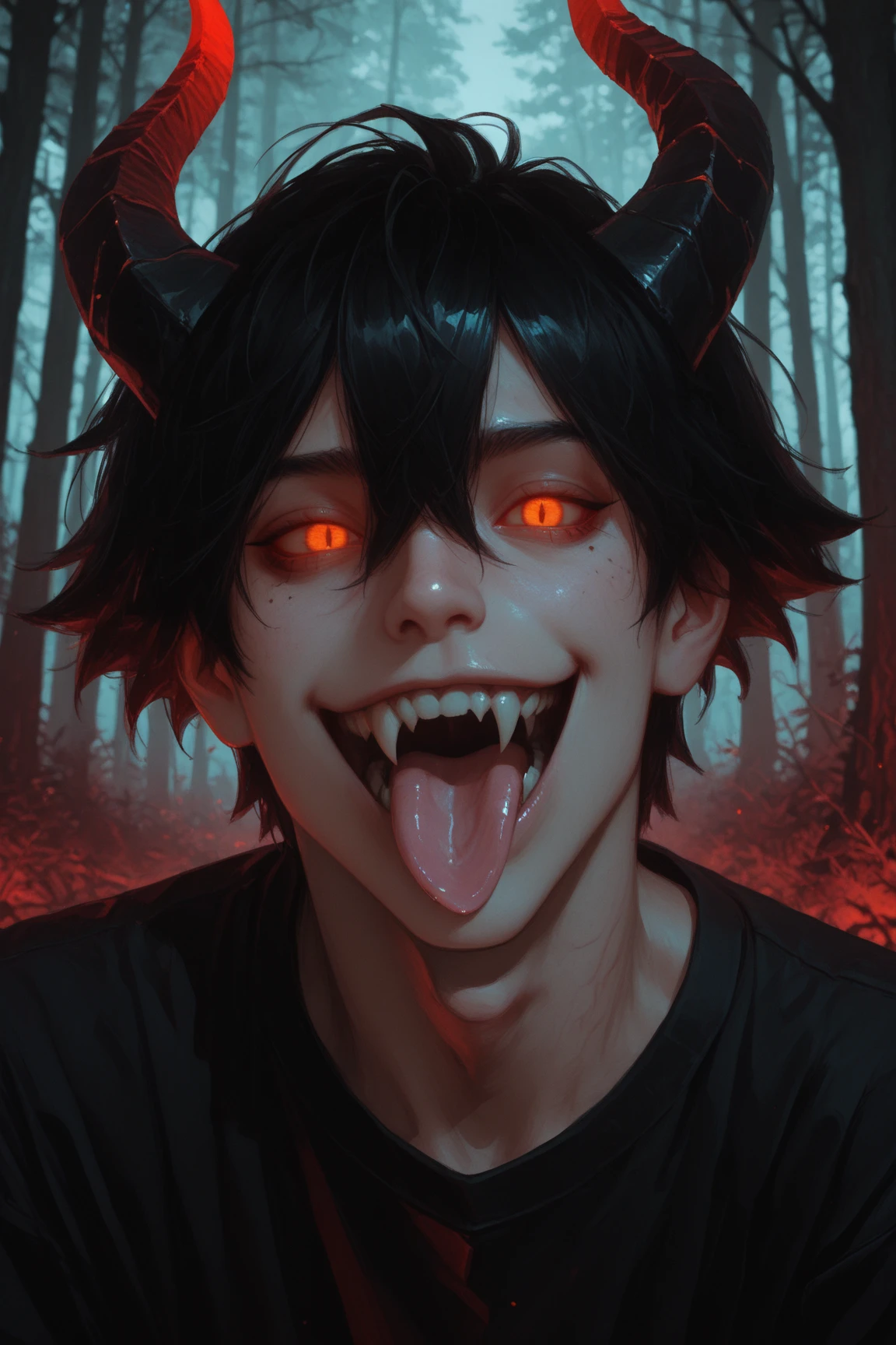 masterpiece, best quality, amazing quality, very aesthetic, 1boy, tongue, glowing_eyes, male_focus, horns, solo, fangs, glowing, tongue_out, teeth, black_hair, looking_at_viewer, forest, open_mouth, tree, nature, demon_boy, smile, portrait, black_shirt, short_hair, hair_between_eyes, shirt, outdoors, sharp_teeth, demon_horns, red_eyes, orange_eyes