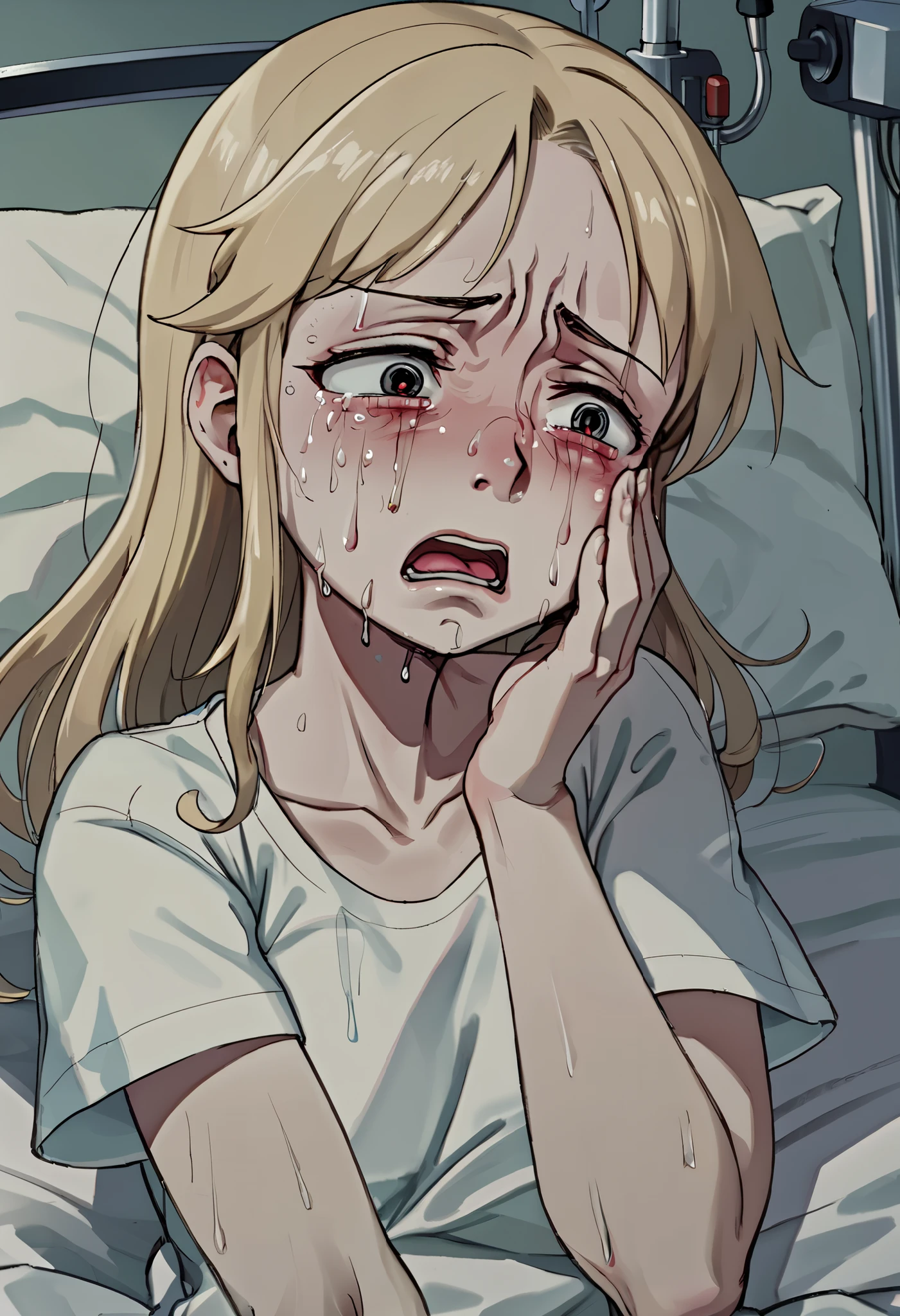 Anime style, Blonde woman, (crying, tears:1.5), Sleep in the hospital operating room, TOP QUALITY, masterpiece, Advanced Details, Super Fine Details