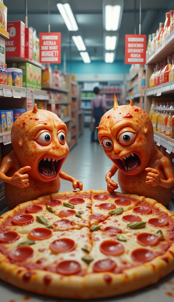 A sequence of photos where pizza is being prepared. then, A man eats a slice of pizza and the other pizzas get scared, They get angry and start a pizza apocalypse