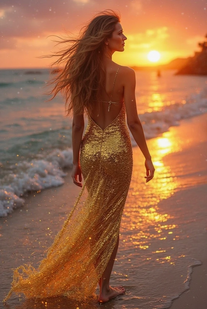 araffe woman walking on the beach with shells in the sand, golden dress, shining golden hour, bathed in golden light, golden light, golden sunlight, shiny gold, golden hour, gold clothes, golden hour sunlight, at golden hour, glimmering, soft golden light, glistening gold, wearing a sparkling dress, at the golden hour, morning golden hour