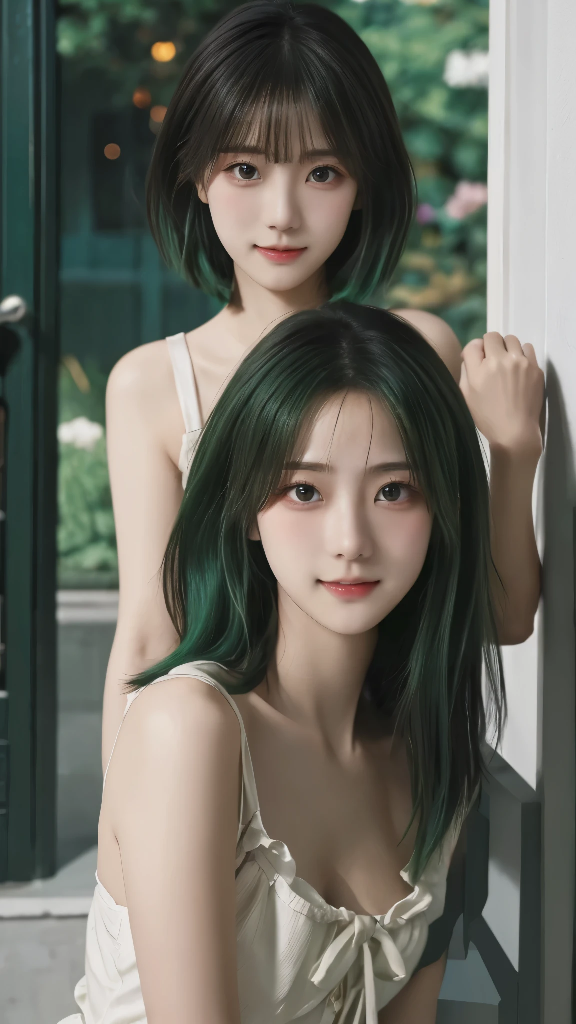 high resolution,超high resolution,8k, High precision,TOP QUALITY, masterpiece, Super Fine Paintings , detailed depiction of up to the front door, (1 girl), upper body,((Asymmetrical and nice haircuts, green hair)),(Emphasized breasts, Upward bust), supine pose , similarly , glowing neon lights , intermediate shot,Fujifilm X-T4 + 23mm f/2 Lenses,dusk,Flower Farm,viewers, (( slender body line )), ( detailed hands:1.3, perfect right hand:1.2), (Perfect Anatomy:1.2), ( stare at the viewer, Playful expression:1.3)