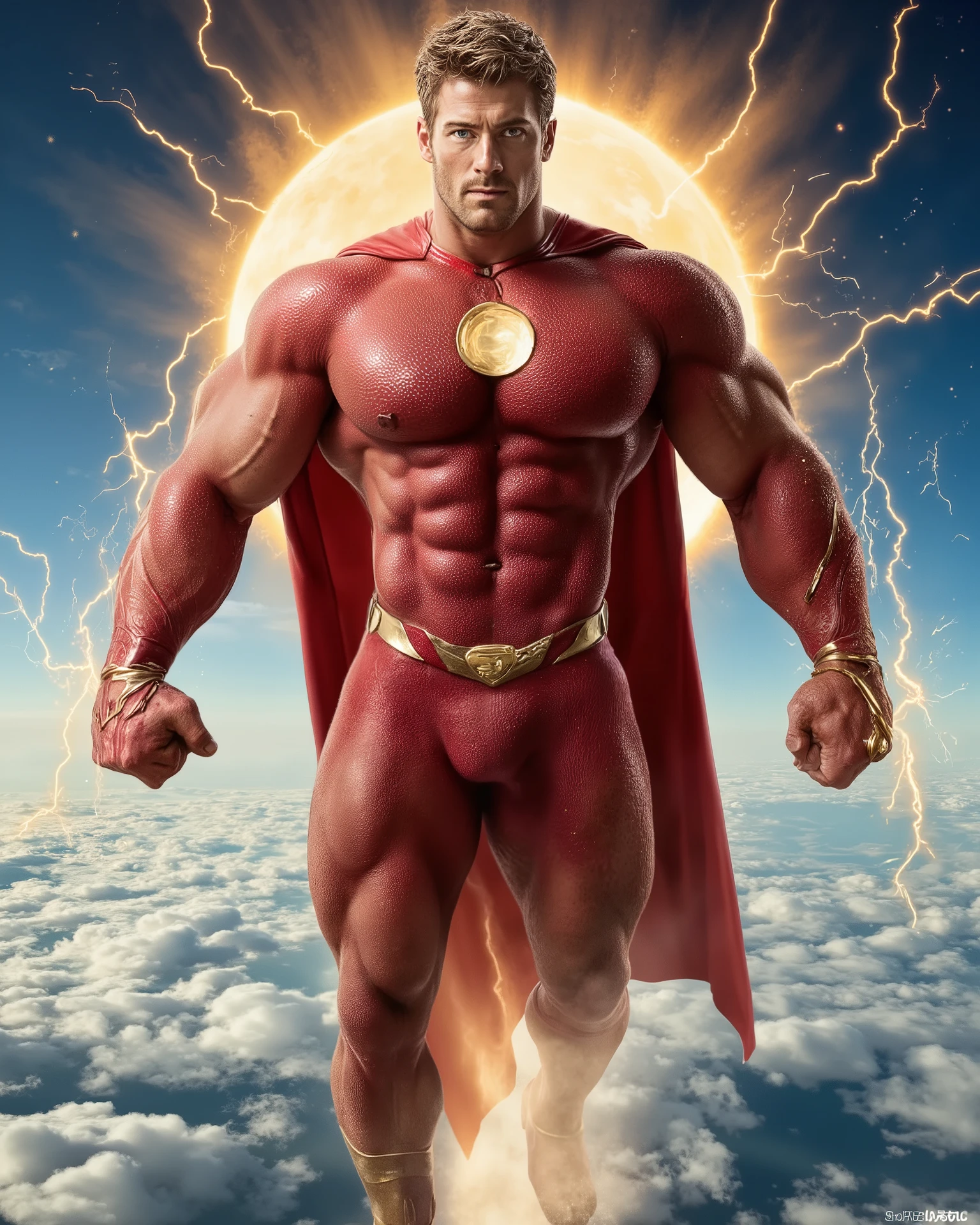 Masterpiece, Accurate, Award Winning, Best Quality, Extremely Detailed, 8K, HD, Super-Resolution, Cinematic Lighting, F/2.8 Aperture, 85mm Prime Lens, Dynamic Depth of Field, Photorealistic, Full Coloured, Shot on 70mm, 5D. A massively muscular interpretation of Hyperion is captured mid-flight for a cinematic Marvel character poster, his towering, godlike physique radiating pure, unrelenting power. His broad chest and chiseled abs gleam under the golden sunlight, every muscle flexed as he soars through the air with unstoppable force. His arms are extended forward in a dynamic Superman-style pose, fingers curled into loose fists as golden energy crackles faintly around them, hinting at the limitless strength beneath his skin. His short, golden-blond hair is tousled by the wind, his piercing blue eyes locked onto the horizon with unwavering focus and authority.
His iconic red and gold suit is redesigned for maximum impact, the skintight material clinging to his massive frame, accentuating every sculpted ridge of his chest, shoulders, and arms. A brilliant golden sun emblem is emblazoned across his chest, pulsating with celestial energy. His thick thighs flex beneath the fabric, the high-tech weave subtly shimmering with each movement. His regal crimson cape, fastened at his shoulders with golden clasps, billows behind him, caught in the turbulence of his ascent.
The background is a breathtaking aerial view of Earth from the upper atmosphere, the deep blue curvature stretching endlessly below. Wisps of white clouds part in his wake, the sheer force of his flight sending shockwaves through the sky. Streaks of golden light radiate from his form, casting dramatic highlights across his body as if he himself is a sun cutting through the heavens. The camera angle is positioned slightly below, emphasizing his sheer dominance and making him appear larger than life, the very embodiment of cosmic strength and unwavering justice.