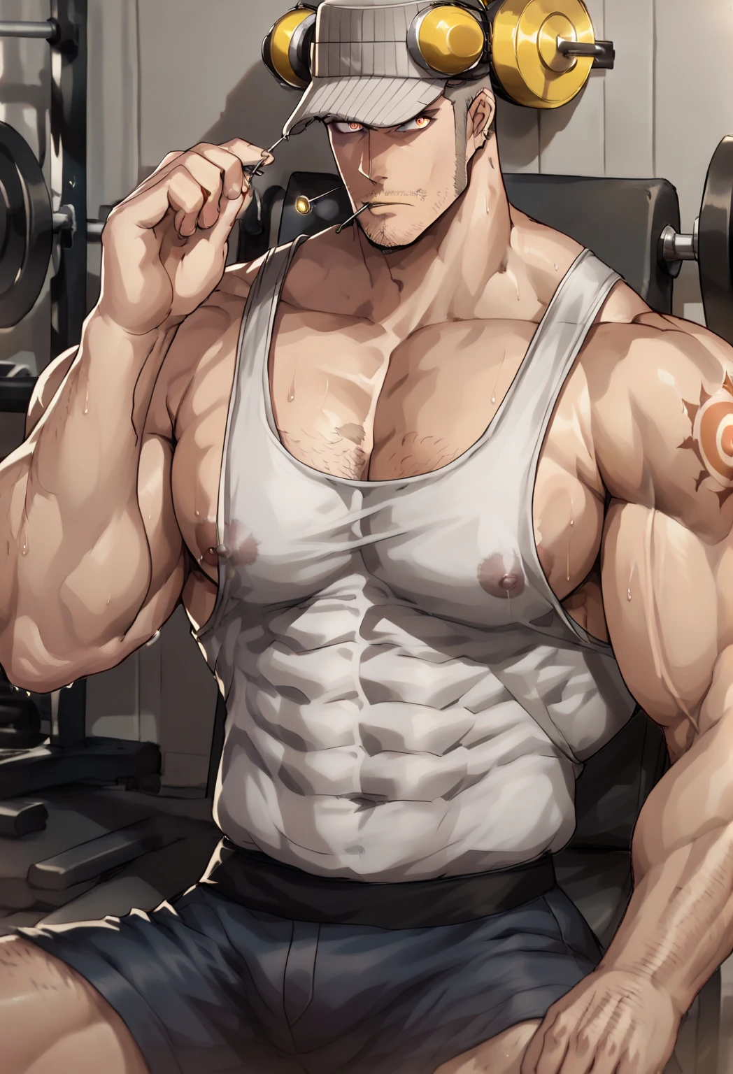 (straight face photo)(highest quality photo) boy,no beard,cute ,cute round face,glitter eyes,royal,wearing tight black briefs,short black briefs showing huge solid thighs, underwear bulging in the middle due to genitals, cute young face, natural hairstyle and covered eyes, giant muscular chest muscles, big thighs strong and sinewy, muscular biceps, huge body, topless, white skin, super shiny skin, dripping sweat, brown hair, yellow eyes