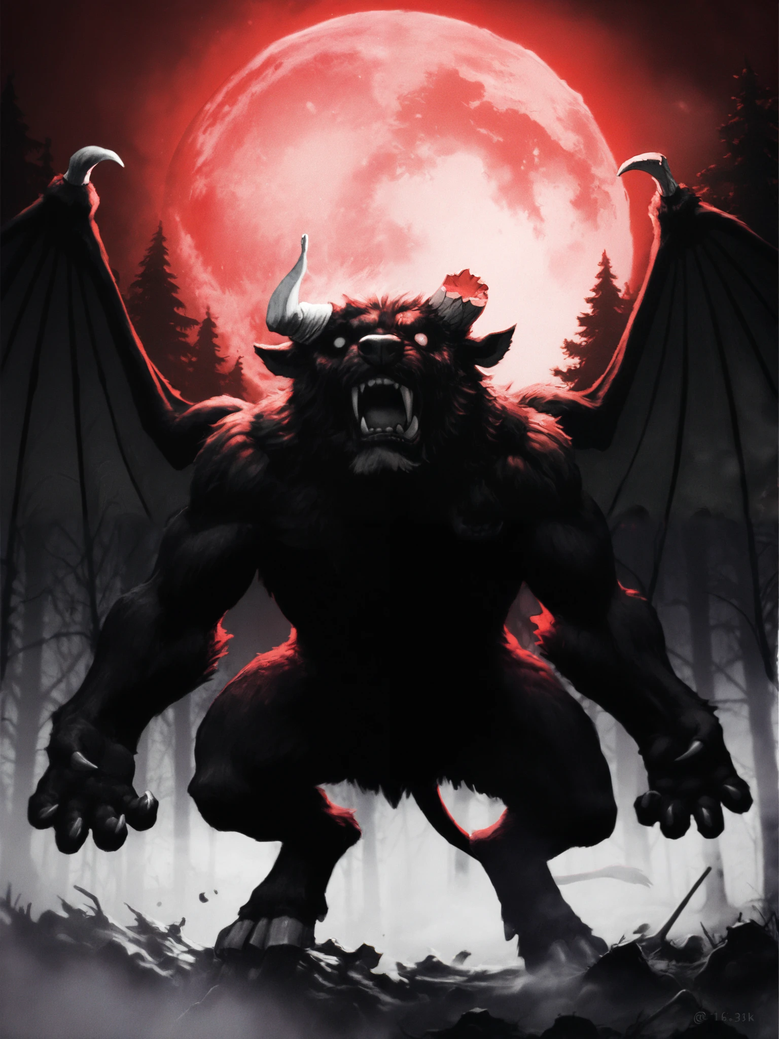 ( Masterpiece:1.2,  Exceptional quality  , Cinematic Experience ,  best illustration :2.0, Very detailed.2.0), 8K16K, wallpaper,[anthropo ::0.3][Minotaur]horror,Alone, zodd \(berserk\),monster, creature, monochrome, claws, fangs, Horns,giant bat wings,eyes, feet from the bottom, Full Moon,(ravenous roar),saliba ,(forest),(fog:1.2),a broken horn,fur,(bipedo),Red Moon in the background