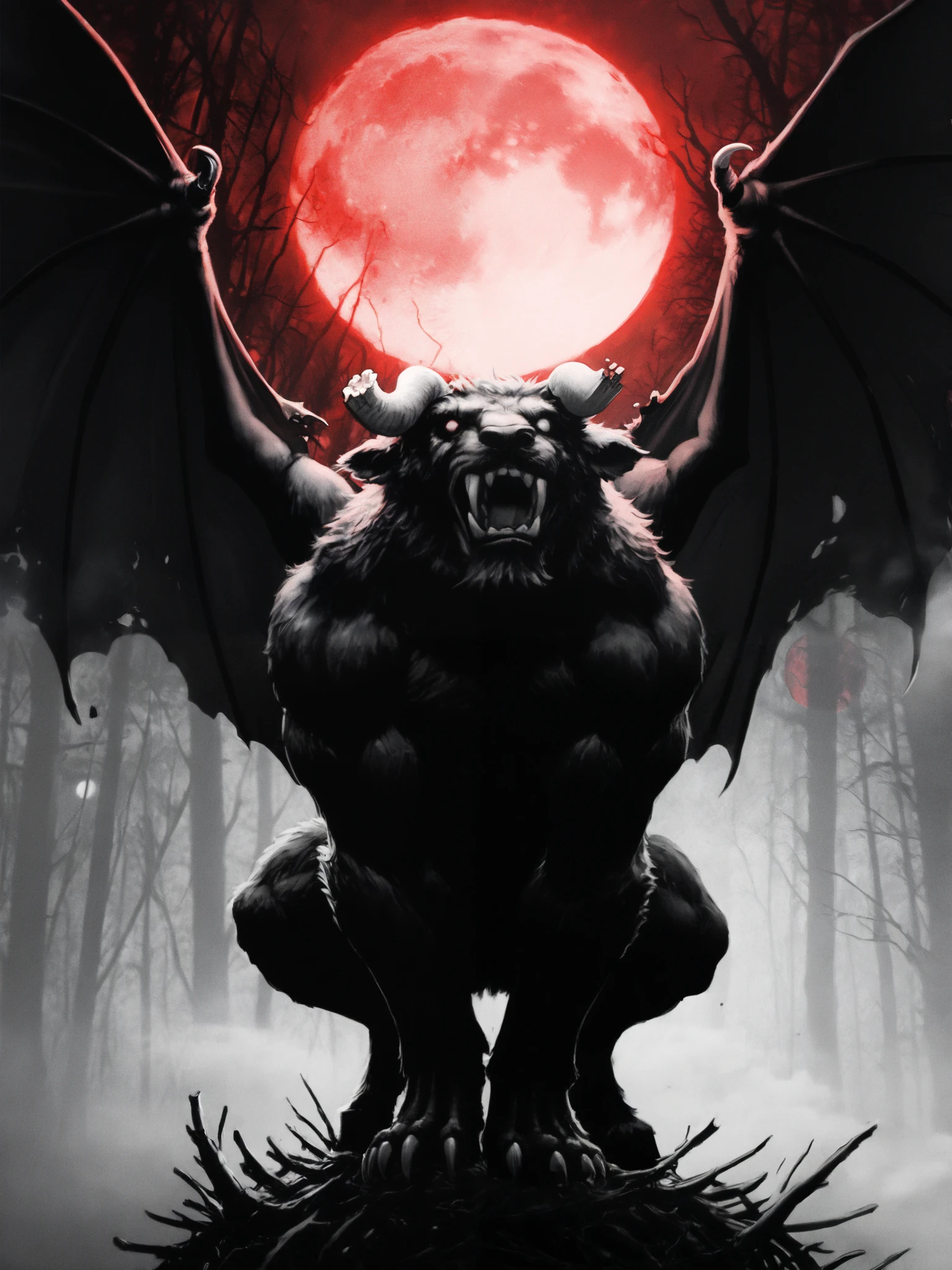 ( Masterpiece:1.2,  Exceptional quality  , Cinematic Experience ,  best illustration :2.0, Very detailed.2.0), 8K16K, wallpaper,[anthropo ::0.3][Minotaur]horror,Alone, zodd \(berserk\),monster, creature, monochrome, claws, fangs, Horns,giant bat wings,eyes, feet from the bottom, Full Moon,(ravenous roar),saliba ,(forest),(fog:1.2),a broken horn,fur,(bipedo),Red Moon in the background