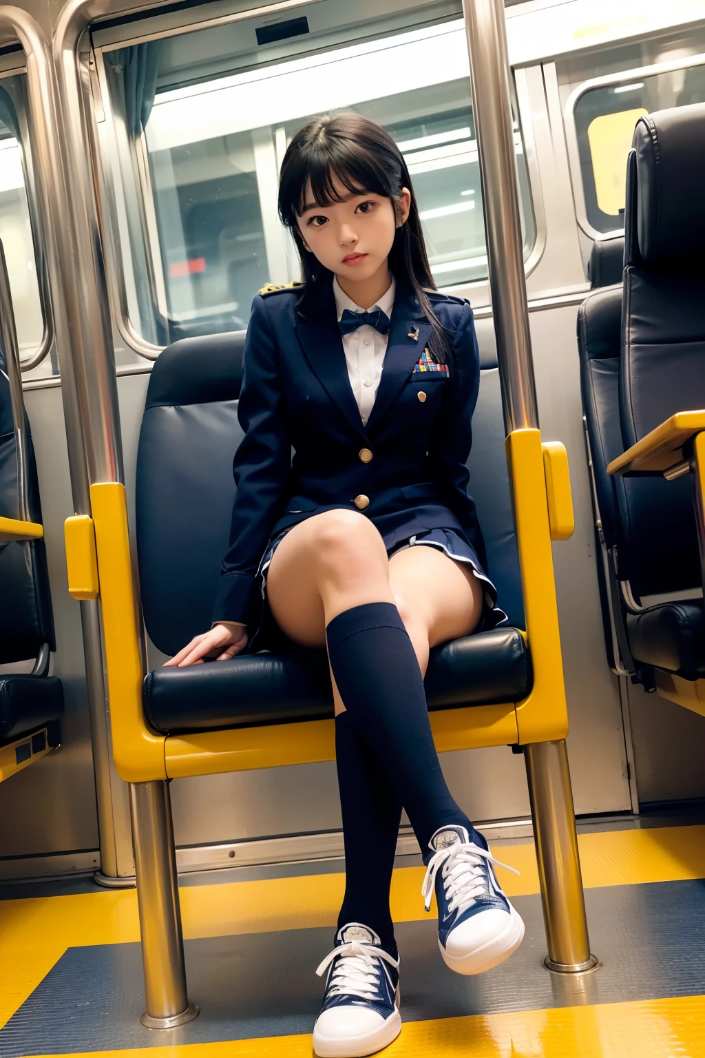 "(masterpiece)、(Best image quality)、Twin tails, 14 year old Japanese girl, uniform、Pleated skirt skirt,(( Accentuate your thighs)), White thighs, Soft thighs, Shiny thighs, (train背景:1.5)、(trainベンチ、View from the train window、train:1.1), Alignment angle, (((Angle from above))),trainの座席に座っている,Sit in front,trainの床に足を置く,whole body,Looking down and sleepy,(Only watching the audience)", ((Japanese Idols、Pretty face))