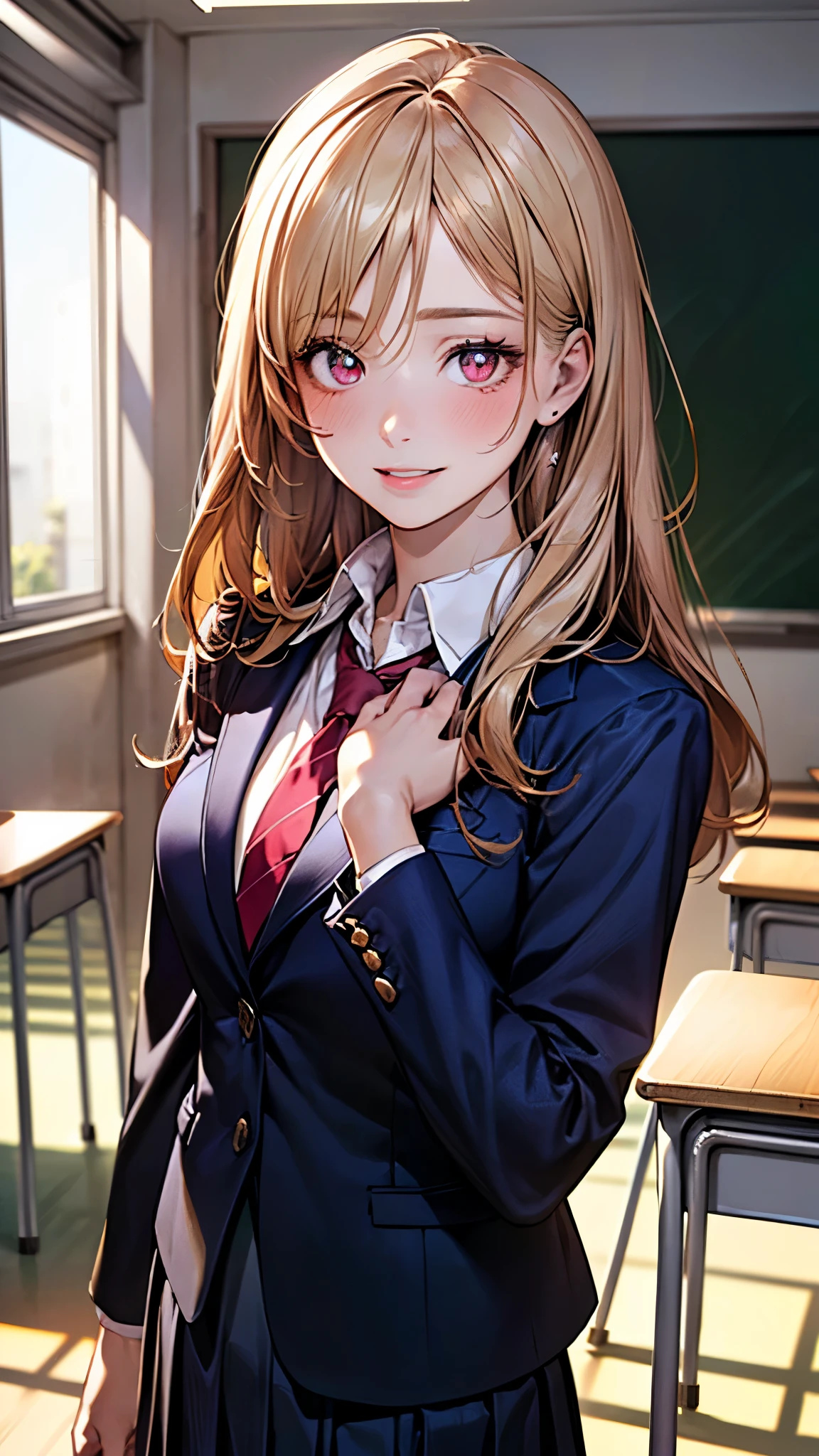 (masterpiece:1.3, top-quality, ultra high res, ultra detailed), (realistic, photorealistic:1.3), beautiful illustration, perfect lighting, natural lighting, colorful, depth of fields, 2025s, ,
beautiful detailed hair, beautiful detailed face, beautiful detailed eyes, (perfect anatomy, anatomically correct, super detailed skin), pink skin, shiny skin,
looking at viewer, (face focus, upper body), 1 girl, high school girl, cute and symmetrical face, perfect face, perfect eyes, perfect body, babyface, cute face:1.2, tiny,
(long hair, straight hair, long sidelocks, wheat beige hair), parted bangs, maroon eyes, drooping eyes, long eye lasher, (large breasts:1.5, narrow west, seductive thighs), skin dentation,
(detailed cloth texture), ((school uniform, dark blue blazer, dark green pleated skirt, red tie, white collared shirt)),
(beautiful scenery), summer, evening, detailed background, (school classroom:1.5), standing, (hands on own chest), (lovely smile, shy, blush, parted lips),