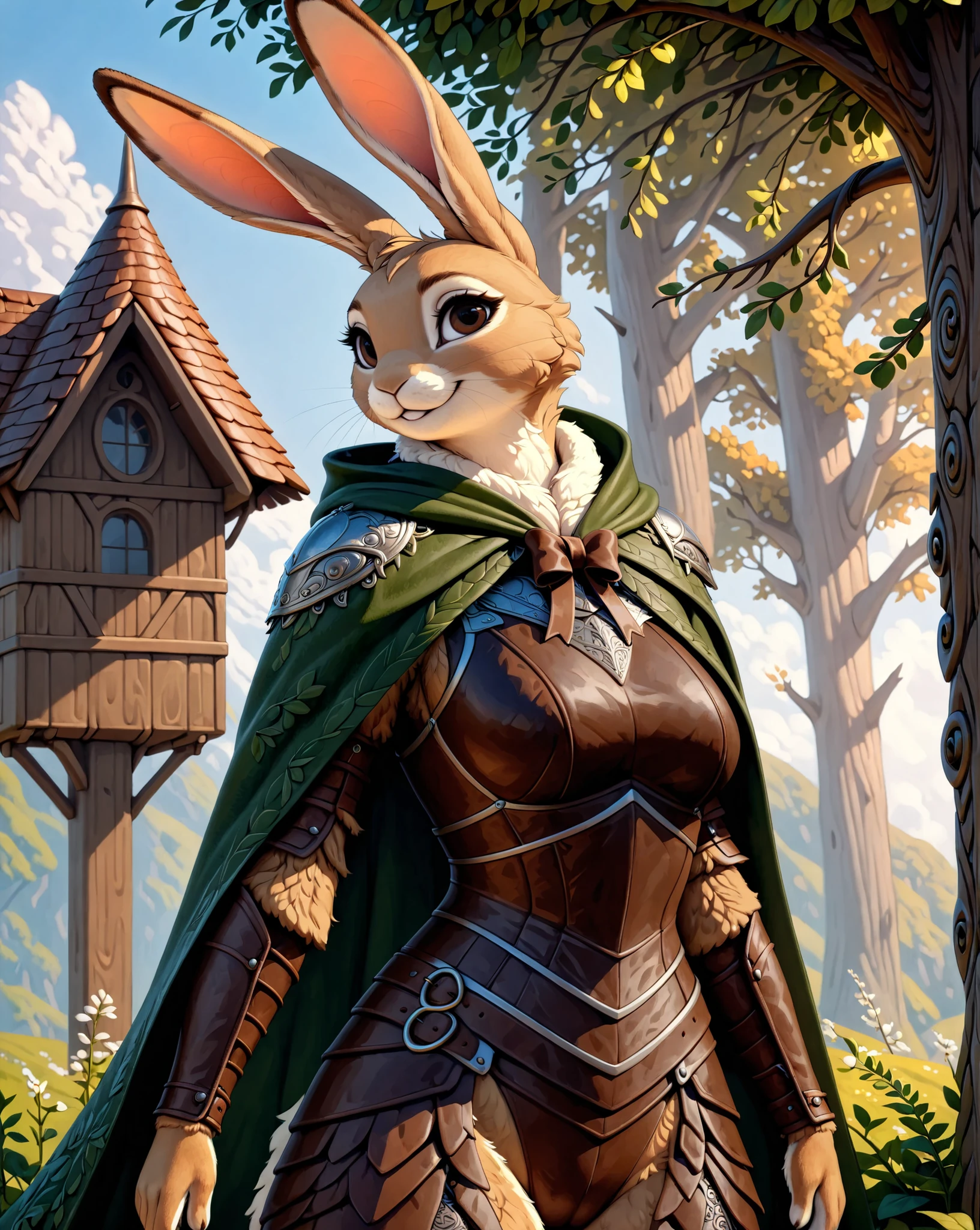 masterpiece, absurdres, hyper detailed, 4k, UHD, (((solo))) beautiful, 1Female, Light_Brown rabbit, Dark_Brown eyes, light smile, Hunter, Leather armor, Green-Cloak, Holding a bow, Standing, upper body,