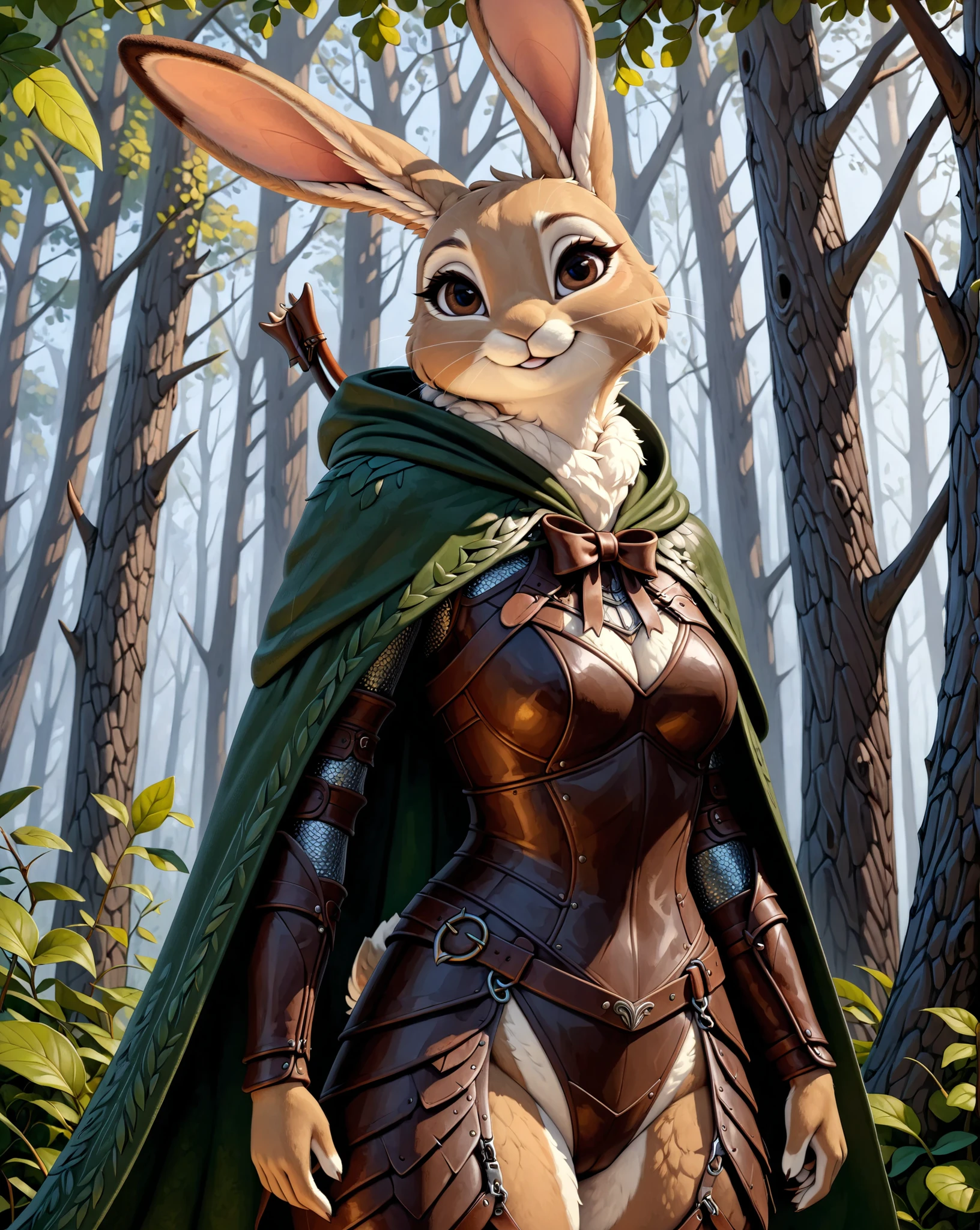 masterpiece, absurdres, hyper detailed, 4k, UHD, (((solo))) beautiful, 1Female, Light_Brown rabbit, Dark_Brown eyes, light smile, Hunter, Leather armor, Green-Cloak, Holding a bow, Standing, upper body,