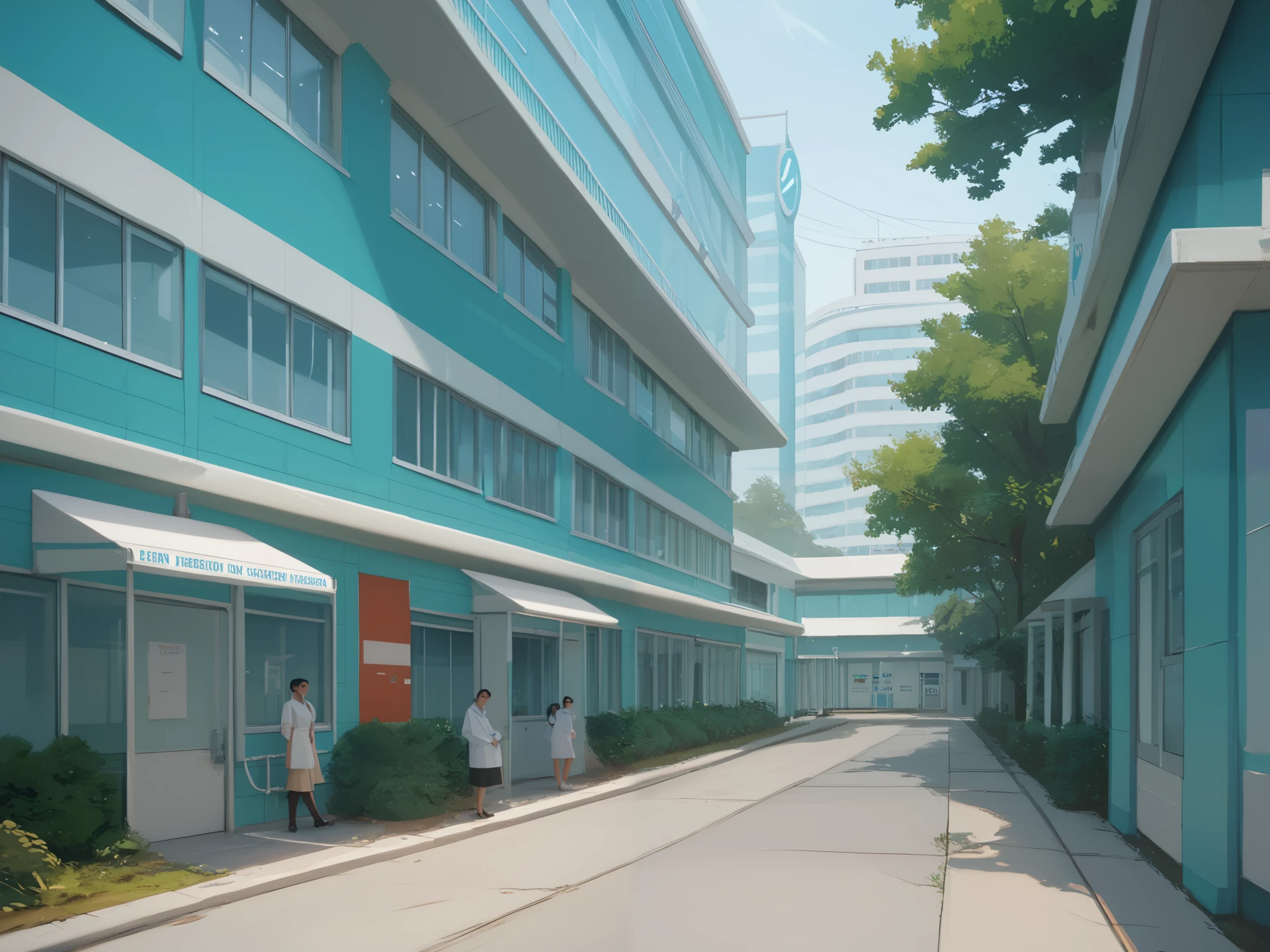 hospital building, looking at hospital from the outside, High Resolution, Best Quality, Masterpiece,