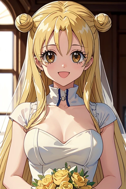 1girl, sage,solo, pink eyes, blonde hair, white sleeveless dress, hat, short dress,bridal veil, streaked hair,
<lora:sai_2023-05-18_130240:0.8>huge breasts, clothes in front, upper body, areola slip,