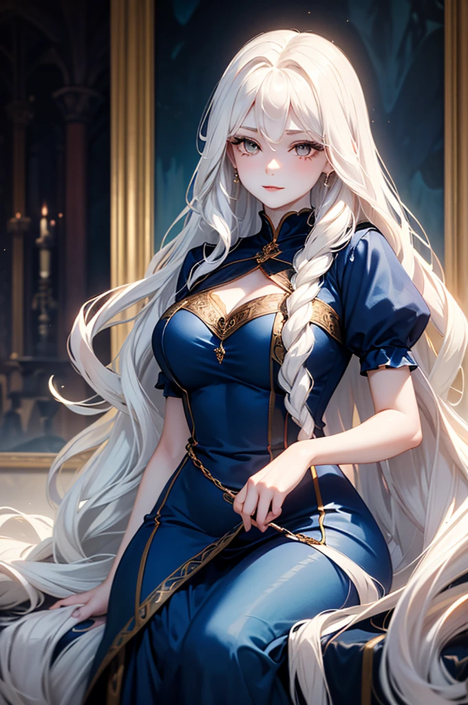 CRU, beautfull woman, (incredibly long hair, White hair, Wavy hair, blue colored eyes), in the office, while sitting in an armchair, beautiful and graceful dress, rosto gentil, adult face, mature face, 25 year old female (whole body:1.3), (work of art) (perfect proportion)(photo realist)(best qualityer) (detailded) (8k) (HDR) (wall-paper) (cinematic lighting) (sharp focus) (intrikate)
