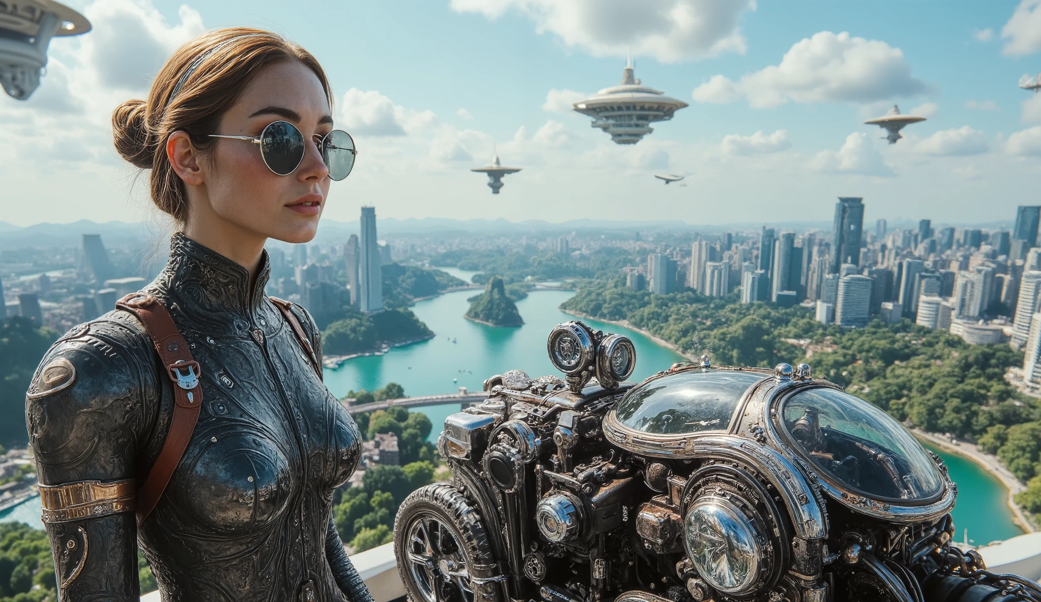 Close-up of an ultra-detailed, steampunk-inspired retrofuturistic vehicle next to a stunning woman wearing aviator glasses. The vehicle features intricate design elements like exposed gears, polished metals, and advanced mechanical details. In the distant background, a futuristic city with organic skyscrapers covered in greenery, suspended bridges, and shimmering turquoise rivers can be seen. The sky is filled with futuristic flying vehicles and floating spheres, conveying a sense of technological marvel. High-quality lighting captures the vehicle's details with photorealistic precision, immersing the viewer in this cinematic, futuristic world.