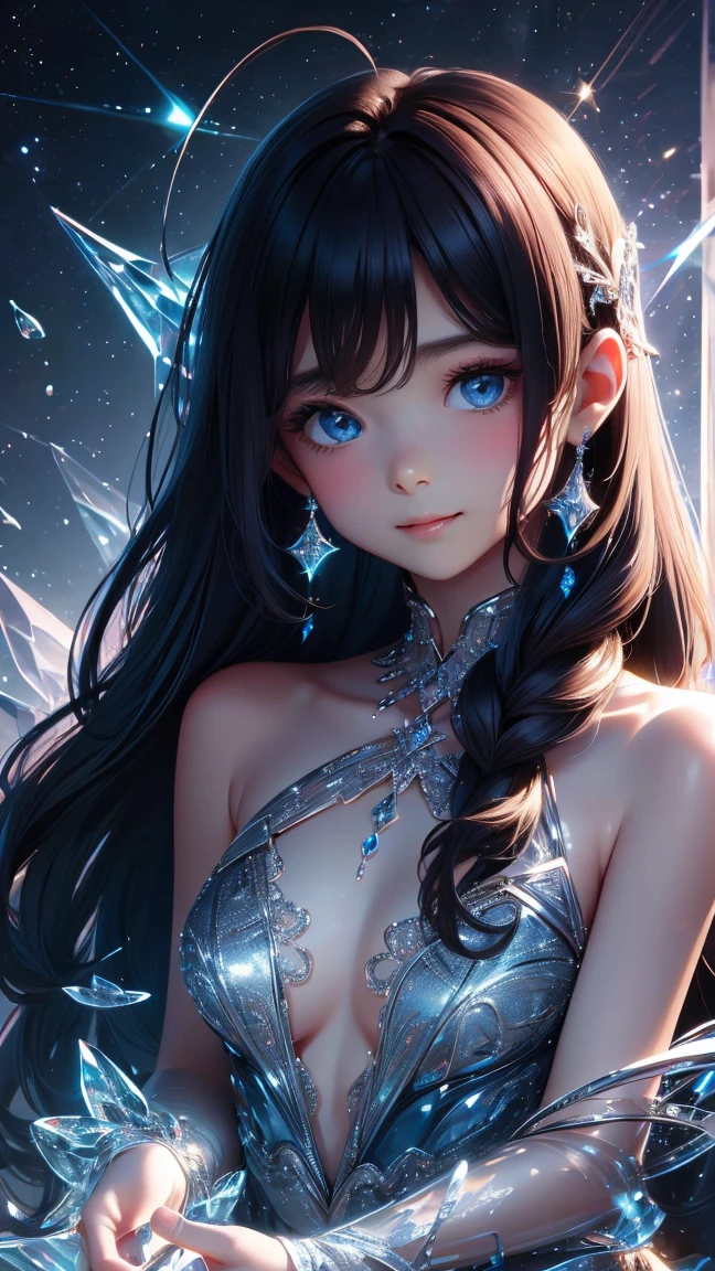 (Masterpiece, Top Quality, Best, Official Art, Beautiful and Aesthetic, Long Exposure: 1.2), Smooth Movement, Fascinating Patterns, 1 Girl, Adult Russian Woman, Freckles, Jade Eyes, Black Lob Hair, Portrait, Solo , upper body, gaze at observer, detailed background, detailed face, (crystallineAI, crystalline theme:1.1), elemental water sprite, spinning water, controlling water, fantasy magician clothes, dynamic pose, floating particles, ethereal dynamics, water , steam, ocean in the background, blue tones, coast, ethereal atmosphere,