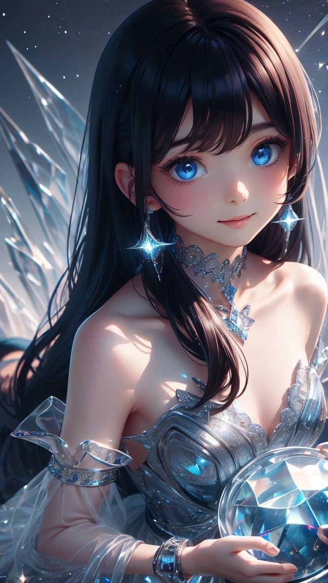(Masterpiece, Top Quality, Best, Official Art, Beautiful and Aesthetic, Long Exposure: 1.2), Smooth Movement, Charming Patterns, 1 Girl, (Long Dress with Sleeves: 1.3), ((Small Breasts)) , blue clothes, upper body close-up, bare shoulders, Chinese girl, blush, black lob hair, portrait, solo, upper body, watching the observer, detailed background, detailed face, (crystallineAI, crystalline theme:1.1), elemental water sprite , rotating water, controlling water, diamond clothes, dynamic pose, floating particles, ethereal dynamics, water, vapor, ocean in background, blue tint, coast, ethereal atmosphere,
