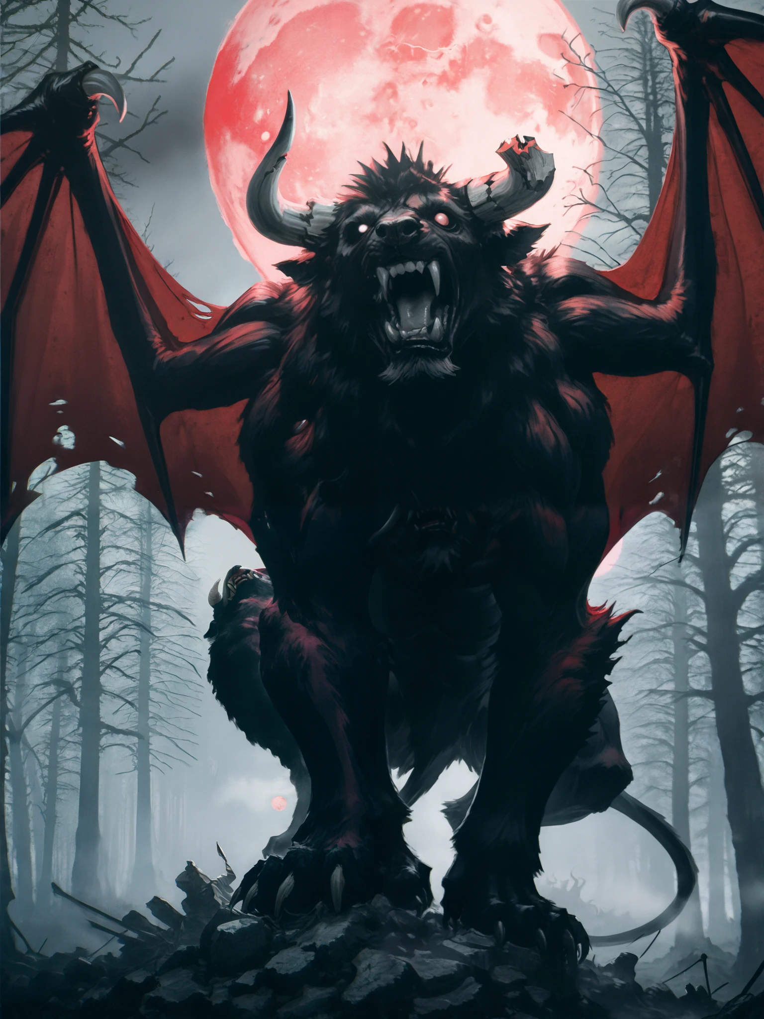 ( Masterpiece:1.2,  Exceptional quality  , Cinematic Experience ,  best illustration :2.0, Very detailed.2.0), 8K16K, wallpaper,[anthropo ::0.3][Minotaur]horror,Alone, zodd \(berserk\),monster, creature, monochrome, claws, fangs, Horns,giant bat wings,eyes, feet from the bottom, Full Moon,(ravenous roar),saliba ,(forest),(fog:1.2),a broken horn,fur,(bipedo),Red Moon in the background,( of foot)
