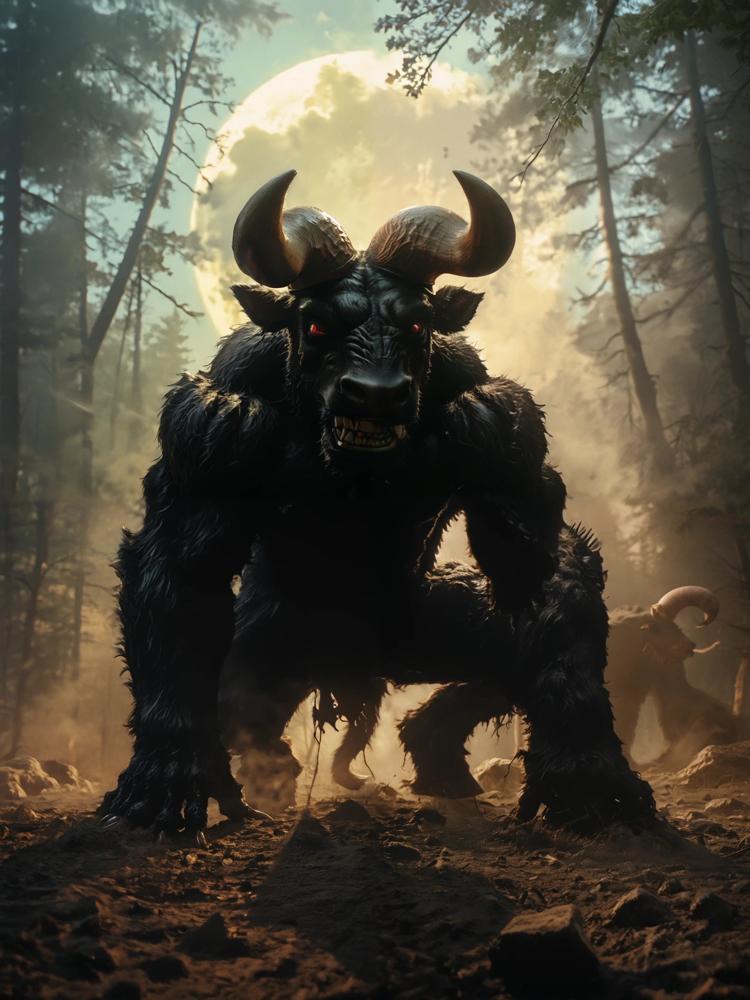 ( Masterpiece:1.2,  Exceptional quality  , Cinematic Experience ,  best illustration :2.0, Very detailed.2.0), 8K16K, wallpaper,[anthropo ::0.3][Minotaur]horror,Alone, zodd \(berserk\),monster, creature,, claws, fangs, Horns,giant bat wings,eyes, feet from the bottom, Full Moon,(ravenous roar),saliba ,(forest),(fog:1.2),a broken horn,fur,(bipedo),Red Moon in the background,( of foot)