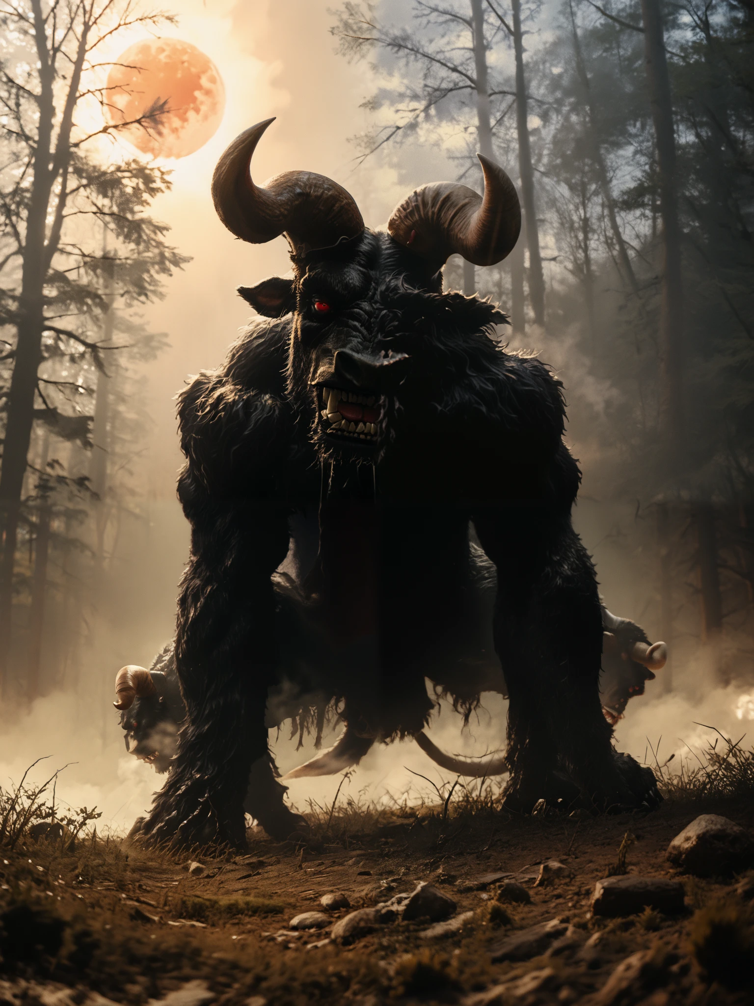 ( Masterpiece:1.2,  Exceptional quality  , Cinematic Experience ,  best illustration :2.0, Very detailed.2.0), 8K16K, wallpaper,[anthropo ::0.3][Minotaur]horror,Alone, zodd \(berserk\),monster, creature,, claws, fangs, Horns,giant bat wings,eyes, feet from the bottom, Full Moon,(ravenous roar),saliba ,(forest),(fog:1.2),a broken horn,fur,(bipedo),Red Moon in the background,( of foot)