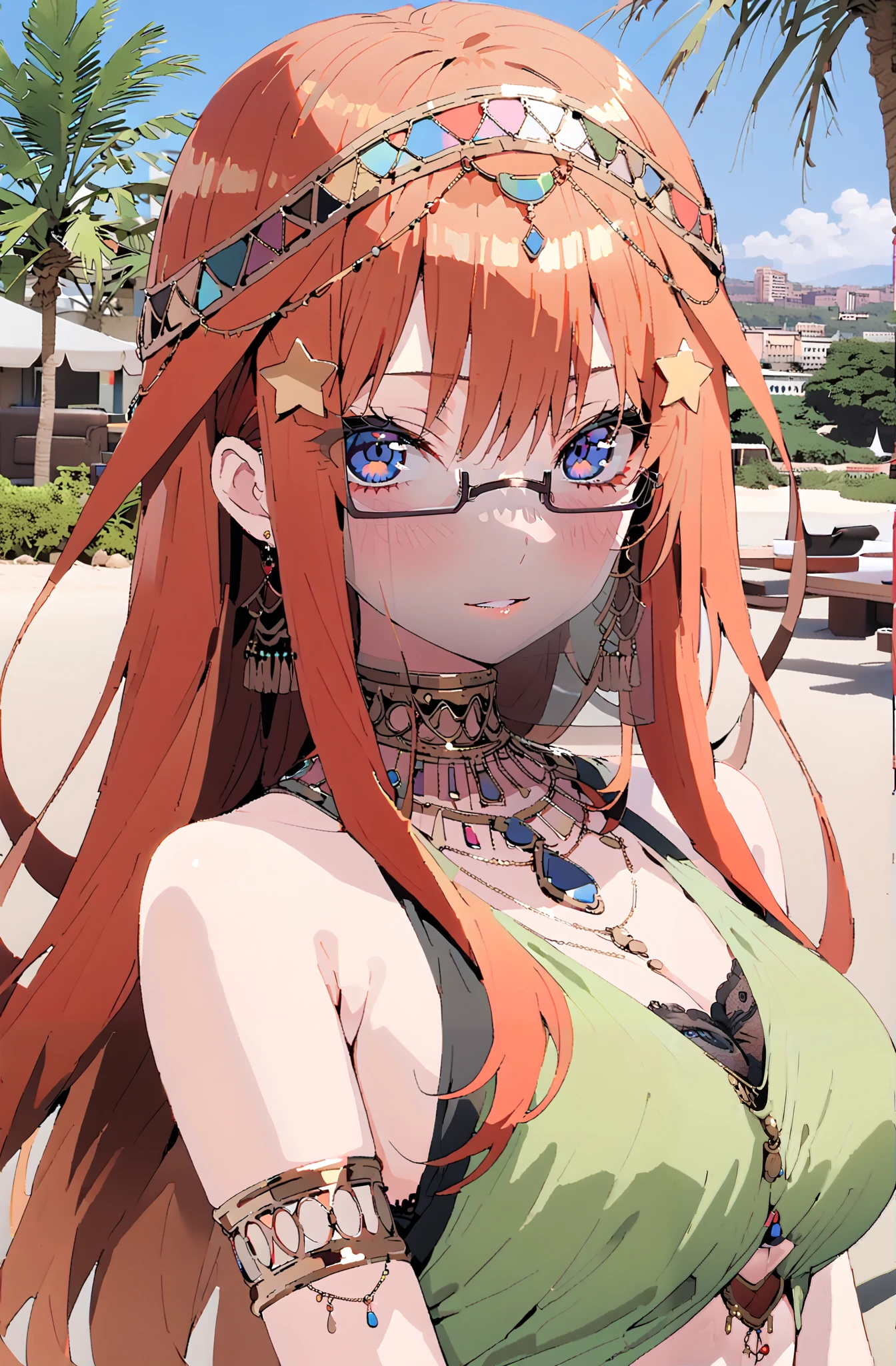 Nakano Mizuki , long hair, blue eyes, hair ornaments close to the garden, red hair, star ( symbol ), semi-rimless eyewear, underrim glasses , star hair ornaments close to the garden, Big Breasts, Chest Valley,Arabian clothing, dancer , mouth Veil, belly Dancing, Veil, armlet, palm tree, Bare legs,break outdoors, desert,
break looking at viewer,whole body,
break (masterpiece:1.2),TOP QUALITY , kampala, Unity 8K Wallpaper ,(shape:0.8),( fine, beautiful eyes :1.6),It's a person ,whole body写真,CG Details , ( perfect hands,Complete Anatomy),
