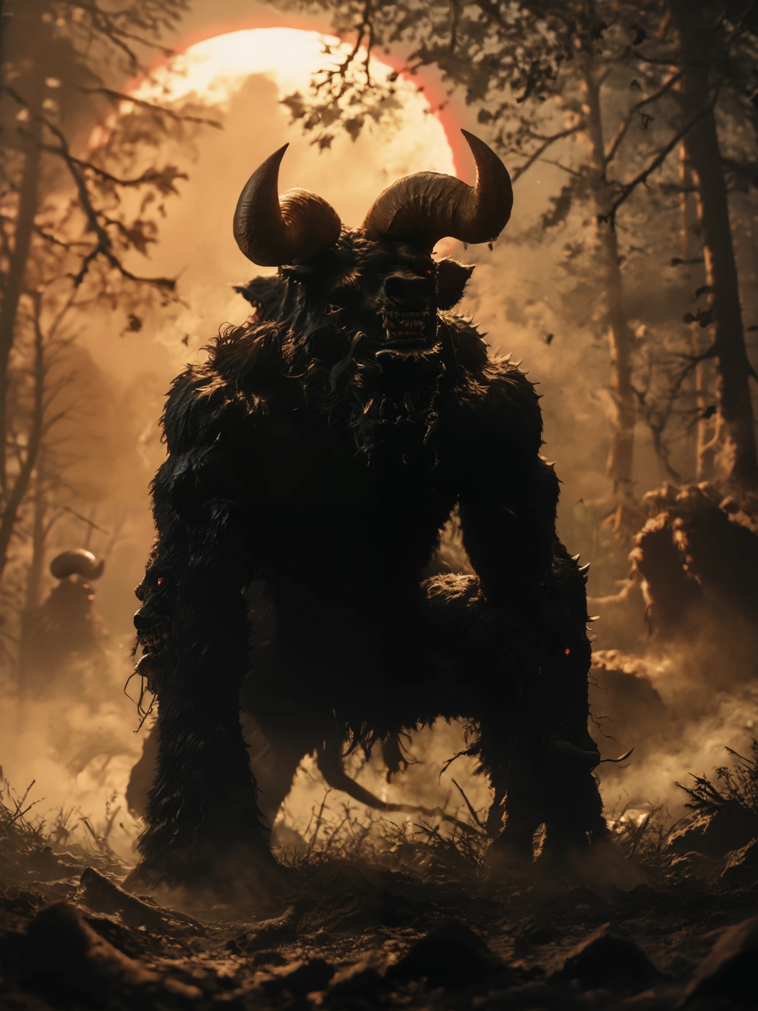 ( Masterpiece:1.2,  Exceptional quality  , Cinematic Experience ,  best illustration :2.0, Very detailed.2.0), 8K16K, wallpaper,[anthropo ::0.3][Minotaur]horror,Alone, zodd \(berserk\),monster, creature,, claws, fangs, Horns,giant bat wings,eyes, feet from the bottom, Full Moon,(ravenous roar),saliba ,(forest),(fog:1.2),a broken horn,fur,(bipedo),Red Moon in the background,( of foot)