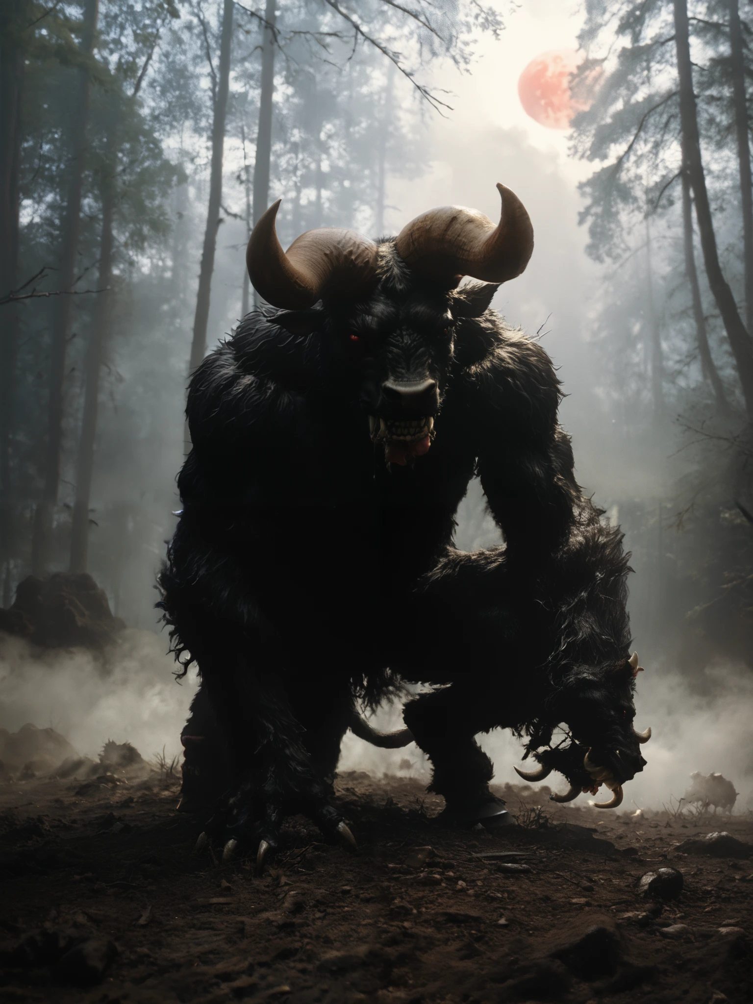 ( Masterpiece:1.2,  Exceptional quality  , Cinematic Experience ,  best illustration :2.0, Very detailed.2.0), 8K16K, wallpaper,[anthropo ::0.3][Minotaur]horror,Alone, zodd \(berserk\),monster, creature,, claws, fangs, Horns,giant bat wings,eyes, feet from the bottom, Full Moon,(ravenous roar),saliba ,(forest),(fog:1.2),A broken horn,fur,(bipedo),Red Moon in the background,( of foot)