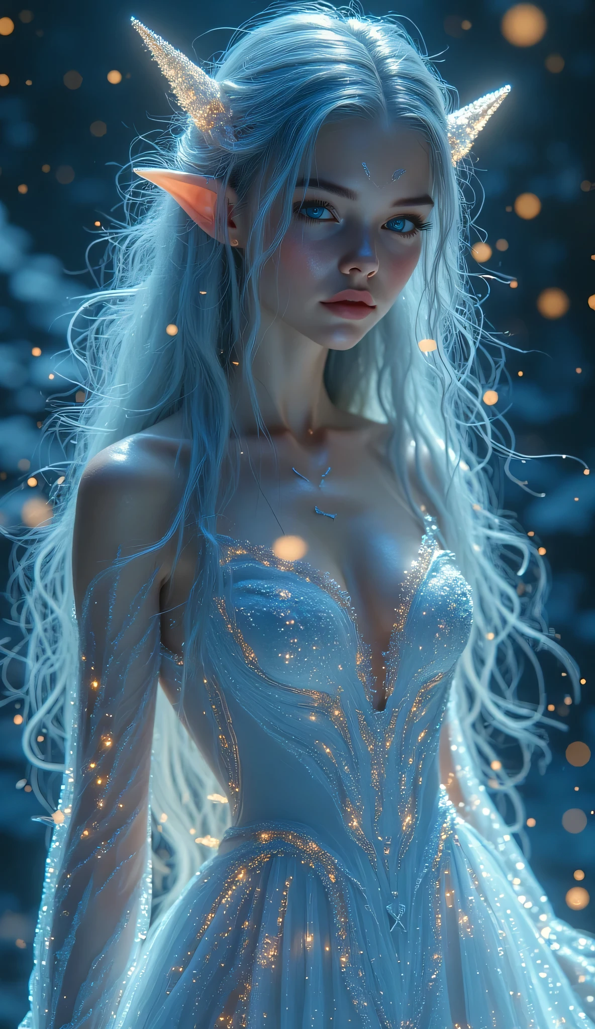 Lumina is a woman of average height, with long, silver hair that softly glows in the dark. Her eyes are a deep blue, like the sky at dawn. She wears a white and gold suit that reflects light, giving her a radiant and ethereal appearance. Her cape, light and transparent, seems to be made of pure light.