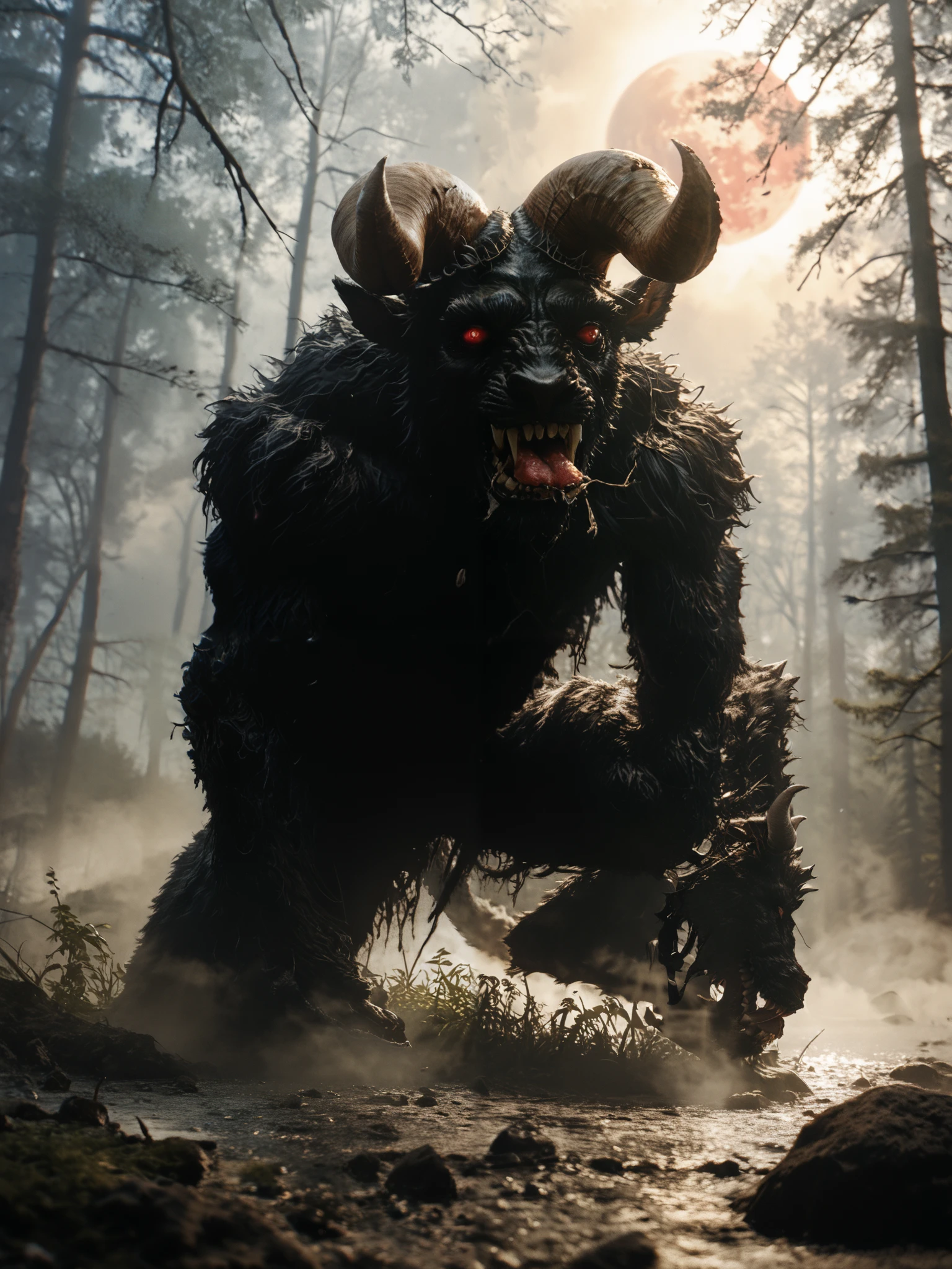 ( Masterpiece:1.2,  Exceptional quality  , Cinematic Experience ,  best illustration :2.0, Very detailed.2.0), 8K16K, wallpaper,[anthropo ::0.3]horror,Alone, zodd \(berserk\),monster, creature,, claws, fangs, Horns,giant bat wings,eyes, feet from the bottom, Full Moon,(ravenous roar),saliba ,(forest),(fog:1.2),A broken horn,fur,(bipedo),Red Moon in the background,( of foot)