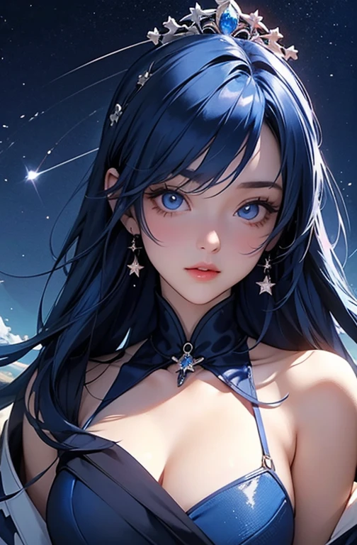 wears a blue ribbon around her neck. SPARKLE; GLITTER