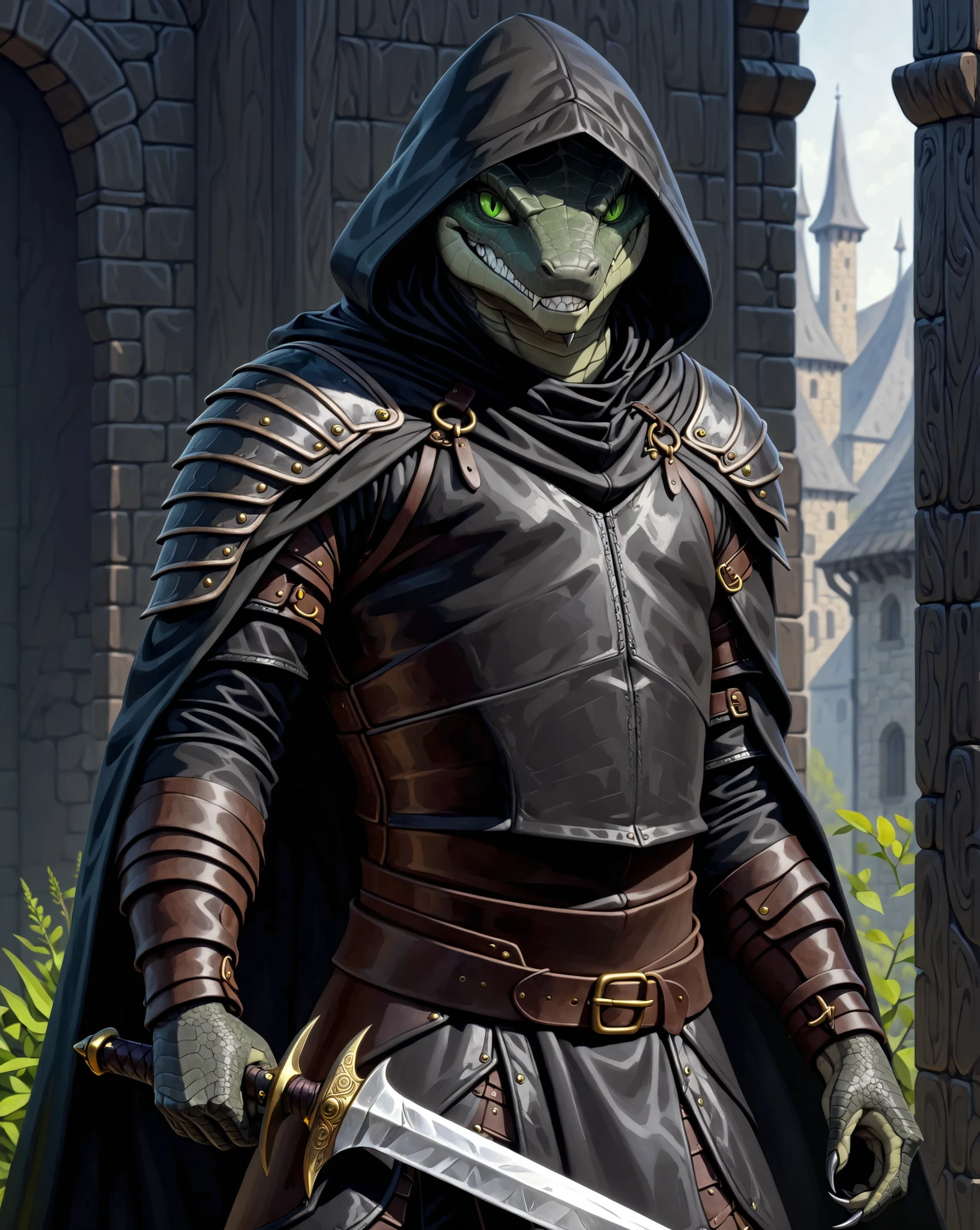 masterpiece, absurdres, hyper detailed, 4k, UHD, (((solo))) 1adult male, Dark_gray lizard, Green eyes, Evil grin, Bandit, Leather armor, Black-Cloak, Hood, Holding a dagger, Standing, Upper body,