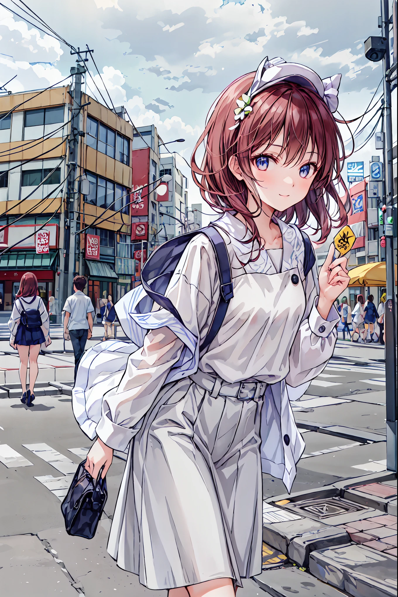 girls on the left、 Tokyo の風景、Around town, Hair,shortcuts, unkempt hair with an opening,Short braided hair,Neat, slender beautiful woman, correct posture,Small chest,beautiful legs, enchanting gray-blue eyes shine like stars, droopy eyes , bright colors, beautiful eyes,繊細なsmile,Textured Skin, Best Quality at its Best , gentle and beautiful woman , anime style、ー、smileでピースサイン、Contrasting bangs、brown hair on both arms、Sparkling eyes 、 Highlights、flower、Flower crown 、 I have flowers on my hair、 fluffy、、All hairstyles、、smile、cute、 photorealism, Tokyo , Tokyo のビル街, Tokyo タワー,cityscape,