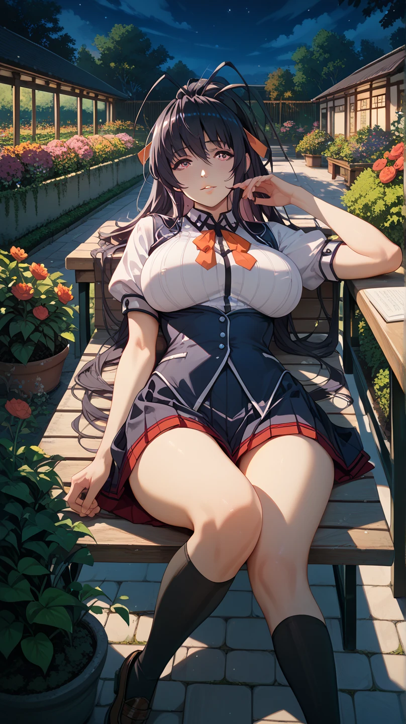 Sexy Akeno Himejima, UHD, black hair,  long hair, large breasts, garden wearing a school uniform, in a garden at night, lying on a bench, pose sexy, 