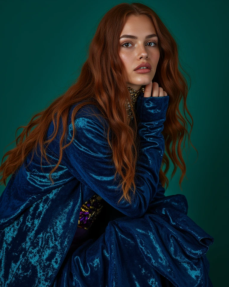 Looking forward in profile, a girl with her long orange hair falling in soft waves to the middle of her back. Her delicate face has a straight nose and big blue eyes.. She wears a blue dress that highlights her slender figure., with a wide black belt that accentuates her waist. His posture is straight and serene, often with a hand on the hip. Her light skin and black boots complete her look., giving an elegant and mysterious impression.