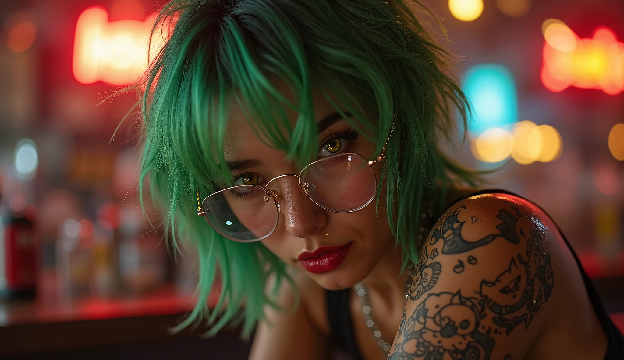 a heavily tattooed and pierced female barber in the empty space of a HI-TECH barber shop, very charismatic, sexy, with a body shape like Monica Bellucci, stunningly interesting, 5'7" tall, 45 years, in dark glasses. 
The style is modern and atmospheric, with an emphasis on detail. The main focus is on the expressiveness of the character and the luxurious setting of the barber shop. 

The angle is chosen so, to show the barber in a close-up from the waist up. This allows you to focus on his charismatic image, tattoos and piercings. The barber occupies the central place in the frame, leaning slightly towards the camera, which creates an effect of intimacy and engagement of the viewer. The barbershop is modern and upscale, with sleek, dark toned decor, leather chairs, and polished surfaces.  The lighting in the room is soft, highlighting the luxury of the barbershop, illuminating interior elements, executed with great attention to detail.

The color palette is kept in warm tones, in rich colors. Dark and rich colors predominate: deep brown and black interior hues, golden yellow and soft warm light accents, illuminating tattoos and details of the room. The barber's skin tone is natural, but somewhat enhanced for contrast with his dark tattoos and clothing. tattoos, In turn,, stand out in bright colors