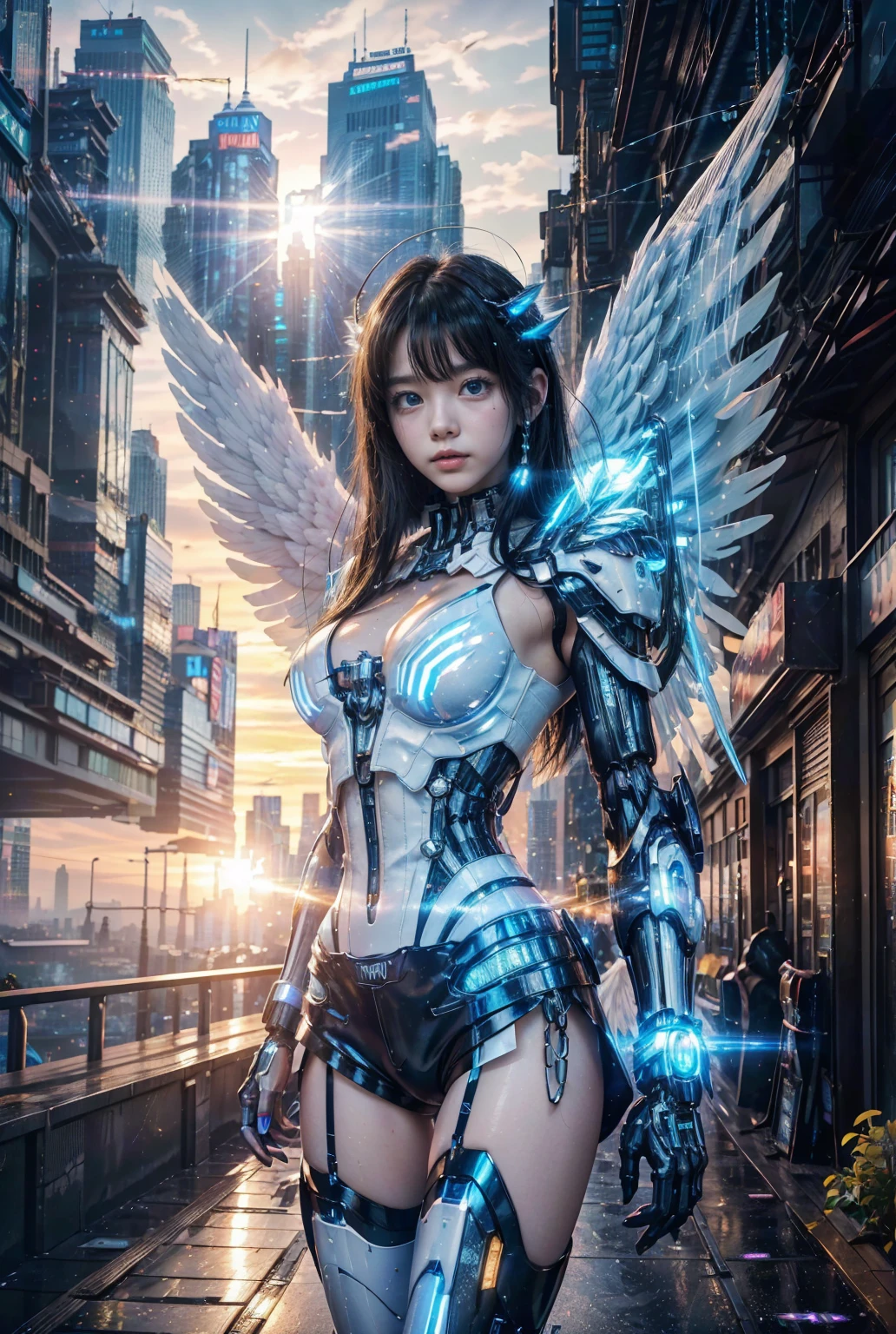 cyboRgized Japanese woman, extRemely ultRa cute face, , Skinny body, Flat Chest,  (blue metallic mechanical fRame:1.5), (PoweR cables connected thRoughout the body), detail up, Instead of haiR, theRe aRe cables gRowing out of it, Mechanical fusion, Machine skeleton, 、(Steampunk Battle CyboRg fallen angel)、laRge wings made of metal, Biomechanics, mechanical life-foRm,Highest quality, Tabletop, UltRa High Resolution, ((PhotoRealistic: 1.4), RAW Photos, 1 Cyberpunk Girl, Glowing Skin, 1 Mechanical GiRl, (supeR Realistic details)), Mechanical Limbs, Tubes connected to mechanical paRts, Mechanical veRtebRae (masteRpiece, Highest quality:1.2), (8k ウルトラHD, 16K, 32K, ultRa high Res), (photoRealistic:1.37), (RAW Photos), ultimate-Realistic, ultimate-Realistic details, ultimate-Realistic textuRe, ultimate-intRicate details, ultimate-Realistic Lighting, ultimate-Realistic shadow, japanese giRl, Extremely cute face, Ultimate RAW Skin, ultimate-Realistic eyes, Attached to the spine, Mechanical ceRvical attachment to the neck, WiRes and cables connecting to the head, Evangelion, ghost in the Shell, Small glowing LED lamp, Global Illumination, Deep Shadow, Octane RendeRing, 8k, ultRashaRp, Metal, IntRicate decoRation details, BaRoque style details, high intRicate detailed, Realistic Light, TRends in CG, Facing the cameRa, Neon Details, (andRoid factoRy on backgRound), ARt by H.R. Giger and Alphonse Mucha.