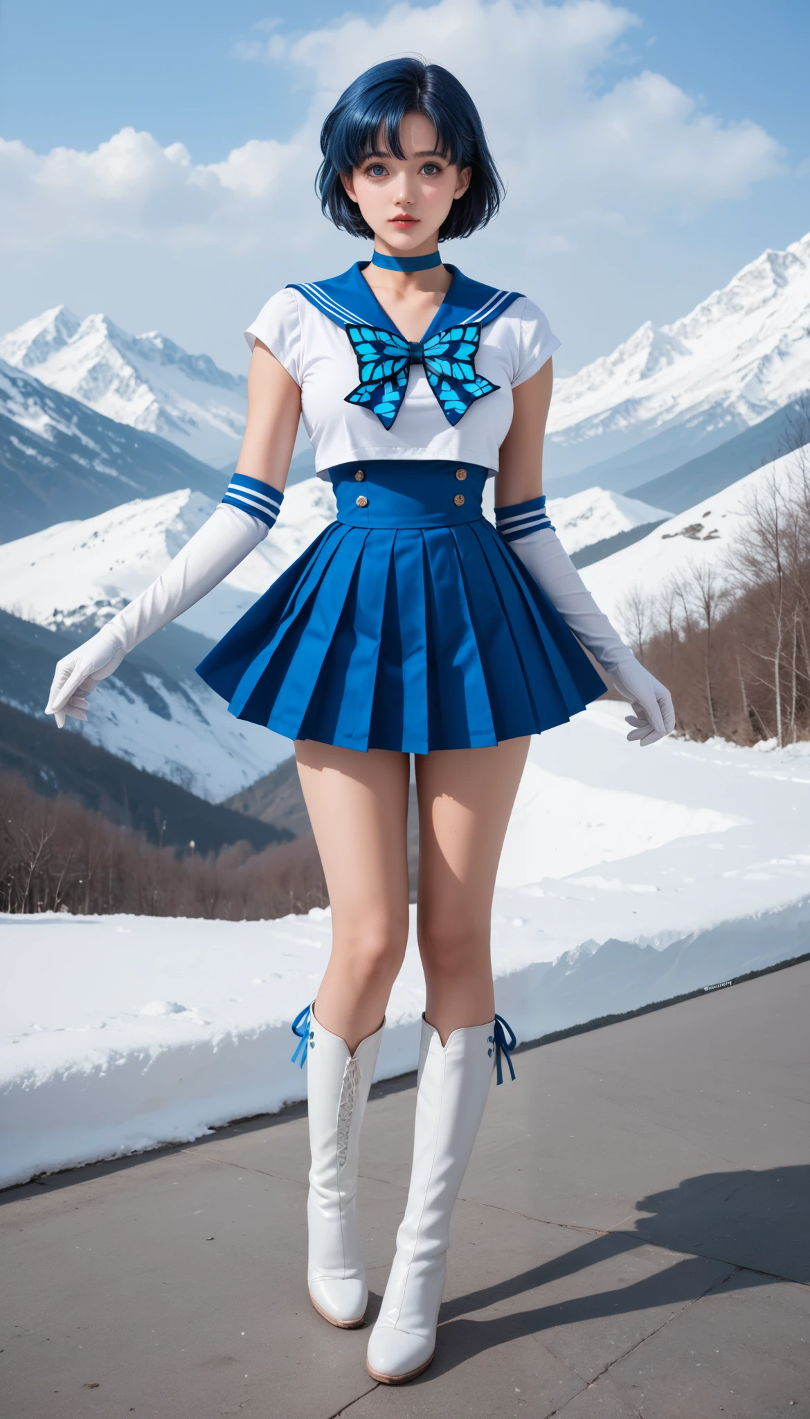 full body,score_9,score_8_up,score_7_up,8k,pretty face,detailed face,detailed eyelashes,heavy make-up,dynamic pose,outdoors,sunset,snow mountain,large breasts,slim waist,wide hips,1girl,((intricate)), sailor mercurry, russian girl, ((blue hair)), short hair, tight dress, short dress, blue choker, blue mini skirt, pleated mini skirt, tight skirt, light blue butterfly ribbon, butterfly ribbon on the chest, long gloves, boots, long white shoes, realistic