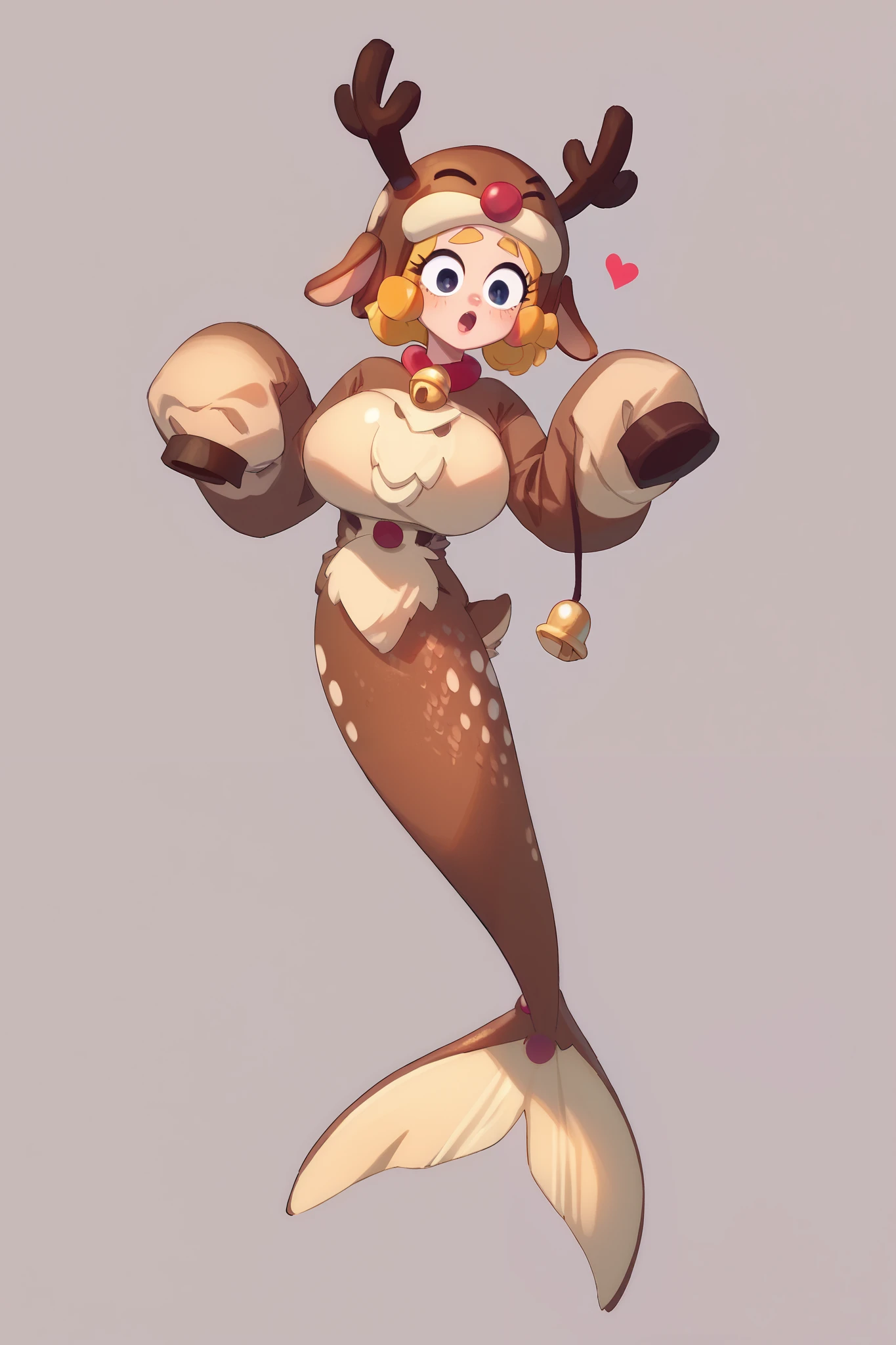 Score_9, Score_8_up, Score_7_up,rrbonnie ,1girl, blonde hair, reindeer helmet, reindeer costume ,antlers, necklace, jingle bell, reindeer ears, sleeves past fingers , simple_background , Oppai / Large breasts slim body , mermaid xl, full body