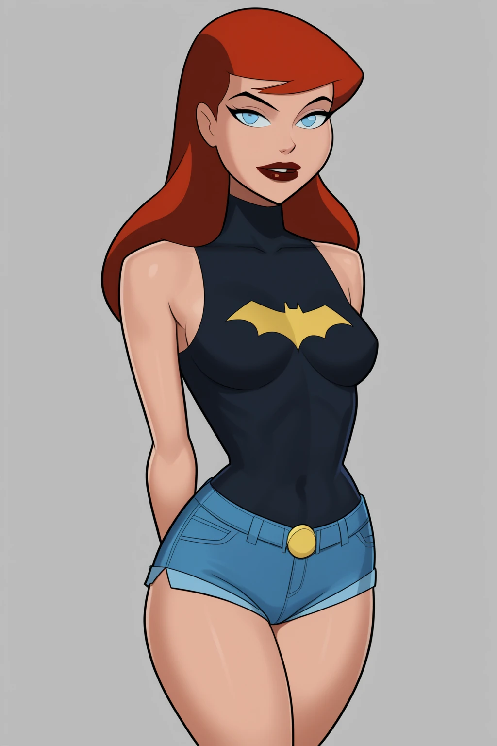 1980s (style), retro artstyle, source_cartoon, score_9, score_8_up, score_7_up, score_6_up, ((zPDXL2)), (cartoon, highly detailed, masterpiece, absurd resolution, perfect anatomy), cowboy shot BREAK barbara gordon, long hair, red hair, blue eyes, solo, raised eyebrow, flirting, ((looking at viewer)), lipstick, makeup, curvy, toned, athletic, bitingown lips in a seducing way, standing, hands beforehead , in cave ,((red hair, perfect details and blue eyes, high-definition picture quality, 8K, Young woman,dark lipstick, )) , thighs, hot body, perfect breasts, black sheer bodysuit , top tank and booty shorts,