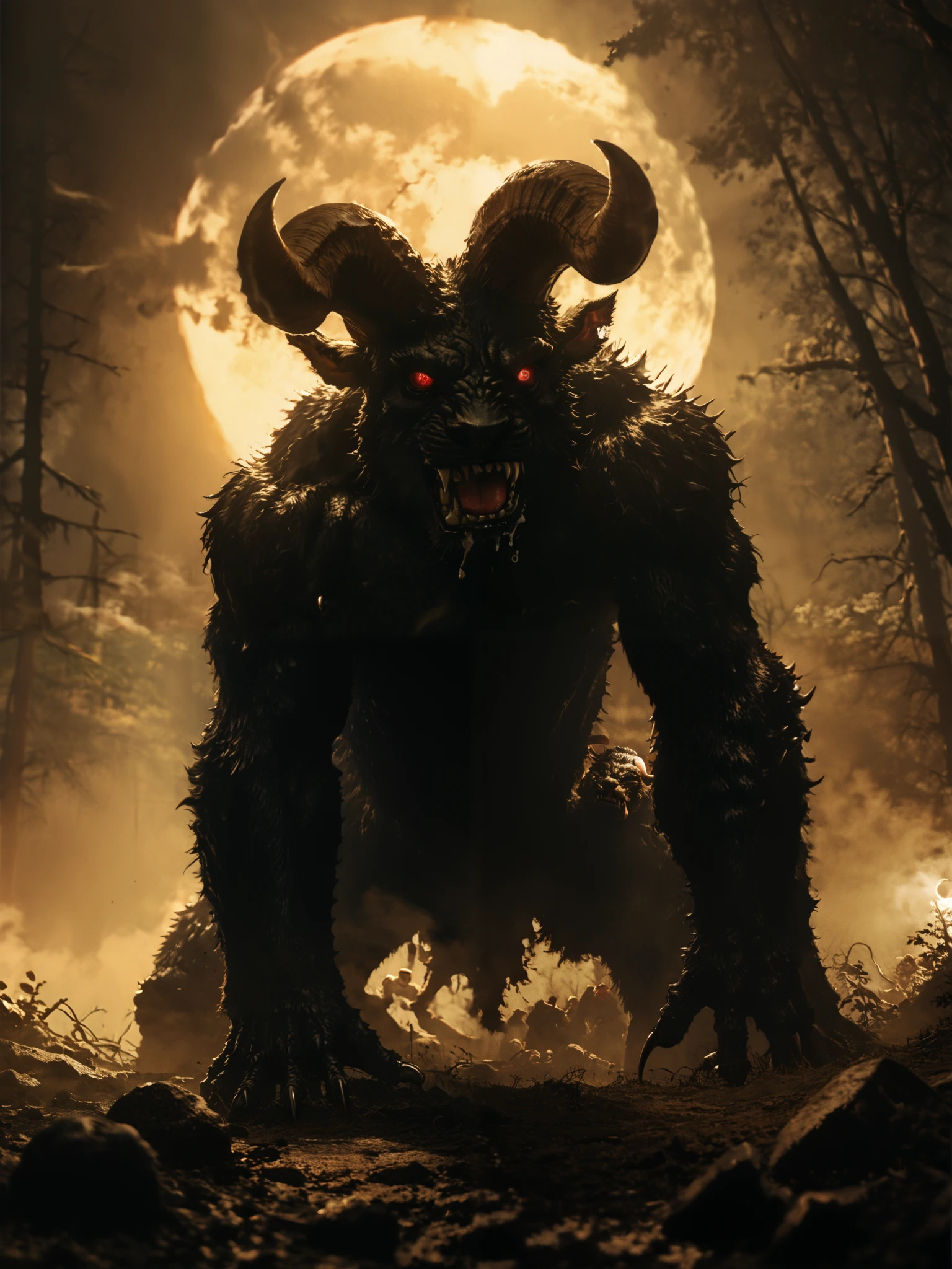 ( Masterpiece:1.2,  Exceptional quality  , Cinematic Experience ,  best illustration :2.0, Very detailed.2.0), 8K16K, wallpaper,[anthropo ::0.3]horror,Alone, zodd \(berserk\),monster, creature,, claws, fangs, Horns,giant bat wings,eyes, feet from the bottom, Full Moon,(ravenous roar),saliba ,(forest),(fog:1.2),a broken horn,fur,(bipedo),Red Moon in the background,( of foot), un monster gigante malvado muy musculoso con eyes reyes brillantes,  fog , demonic, black background, tense and dark atmosphere, ultra-realistic cinematic shot, dramatic cinematic lighting, Ultra-fine details,  cinematic quality ,  film camera 