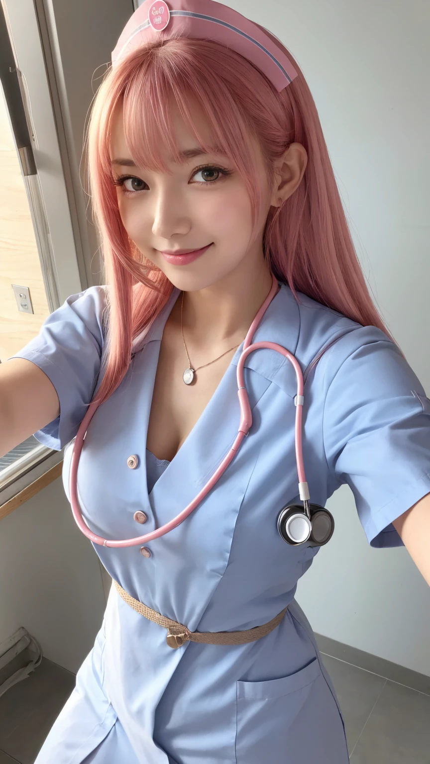 四つん這いにして, ベッドの上, Show me the cleavage, 体から上を写して, (photo Practical:1.4), (hyper Practical:1.4), (Practical:1.3), (Smoother lighting:1.05), (Improving the quality of film lighting:0.9)、Natural light、Professional photos, Practical portrait,(1 female), pink hair, Medium Length Hair, Beautiful face and eyes, very cute face, Smile, vitality, vitality, (Real short nurse uniform:1.2), light pink, White, (Chest Nurse:1.4), (Ward), stethoscope, White Wallpaper, Sexy girl portrait, (view from below:1.2)
, One Girl, hoshino (Blue Archive), alone, Heterochromia of the iris, Long Hair, Ahoge, hello, valley, Big Breasts,Show Viewer, ID card, Open your mouth, very Long Hair, smile, bangs, blush, Hair between the eyes, High resolution,masterpiece, Highest quality,Adjust the proportions of your fingers