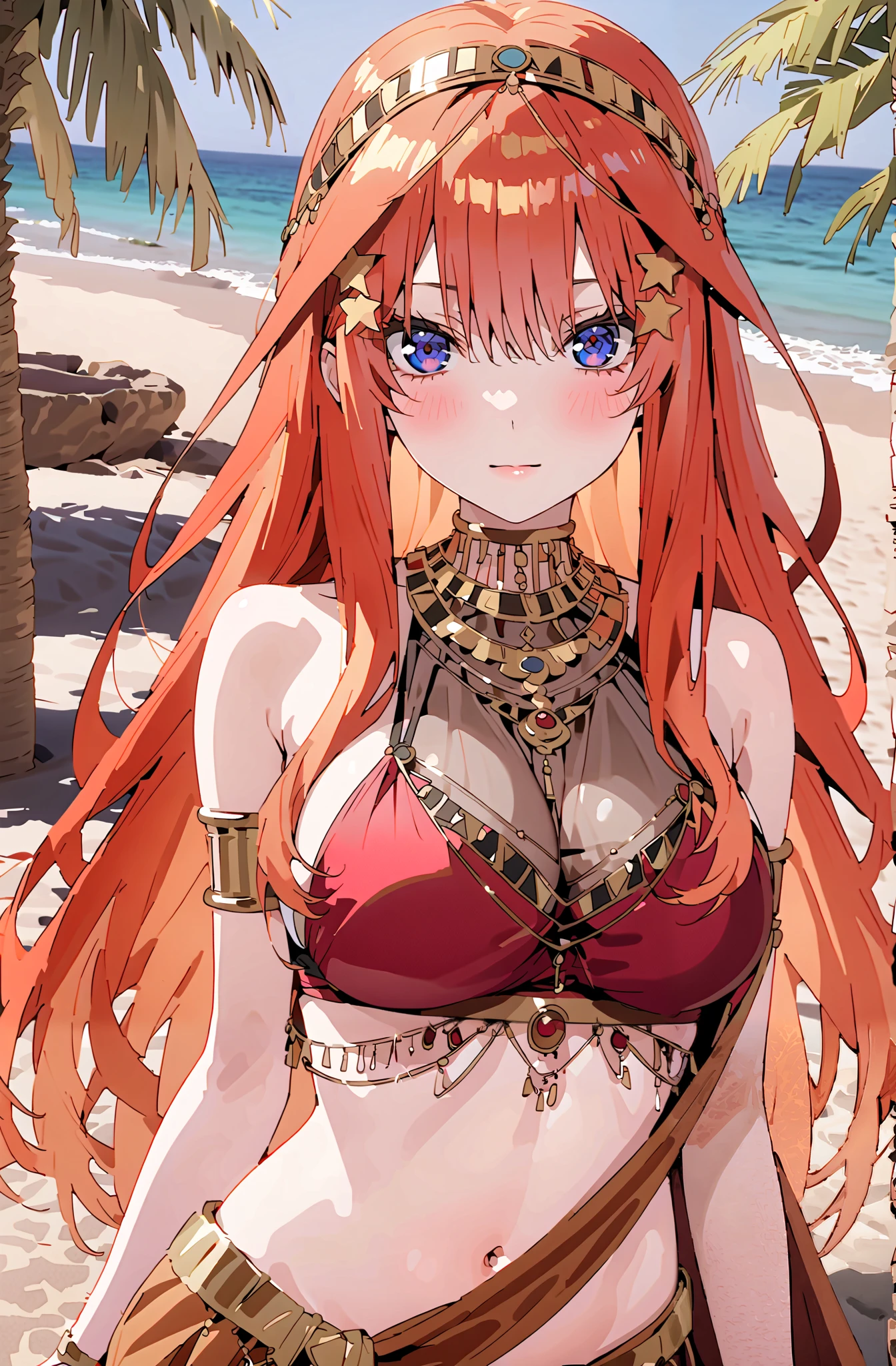 Nakano Mizuki , long hair, blue eyes, hair ornaments close to the garden, red hair, star ( symbol ), star hair ornaments close to the garden, Big Breasts, Chest Valley,Arabian clothing, dancer , mouth Veil, belly Dancing, Veil, armlet, palm tree, Bare legs,break outdoors, desert,
break looking at viewer,whole body,
break (masterpiece:1.2),TOP QUALITY , kampala, Unity 8K Wallpaper ,(shape:0.8),( fine, beautiful eyes :1.6),It's a person ,whole body写真,CG Details , ( perfect hands,Complete Anatomy),