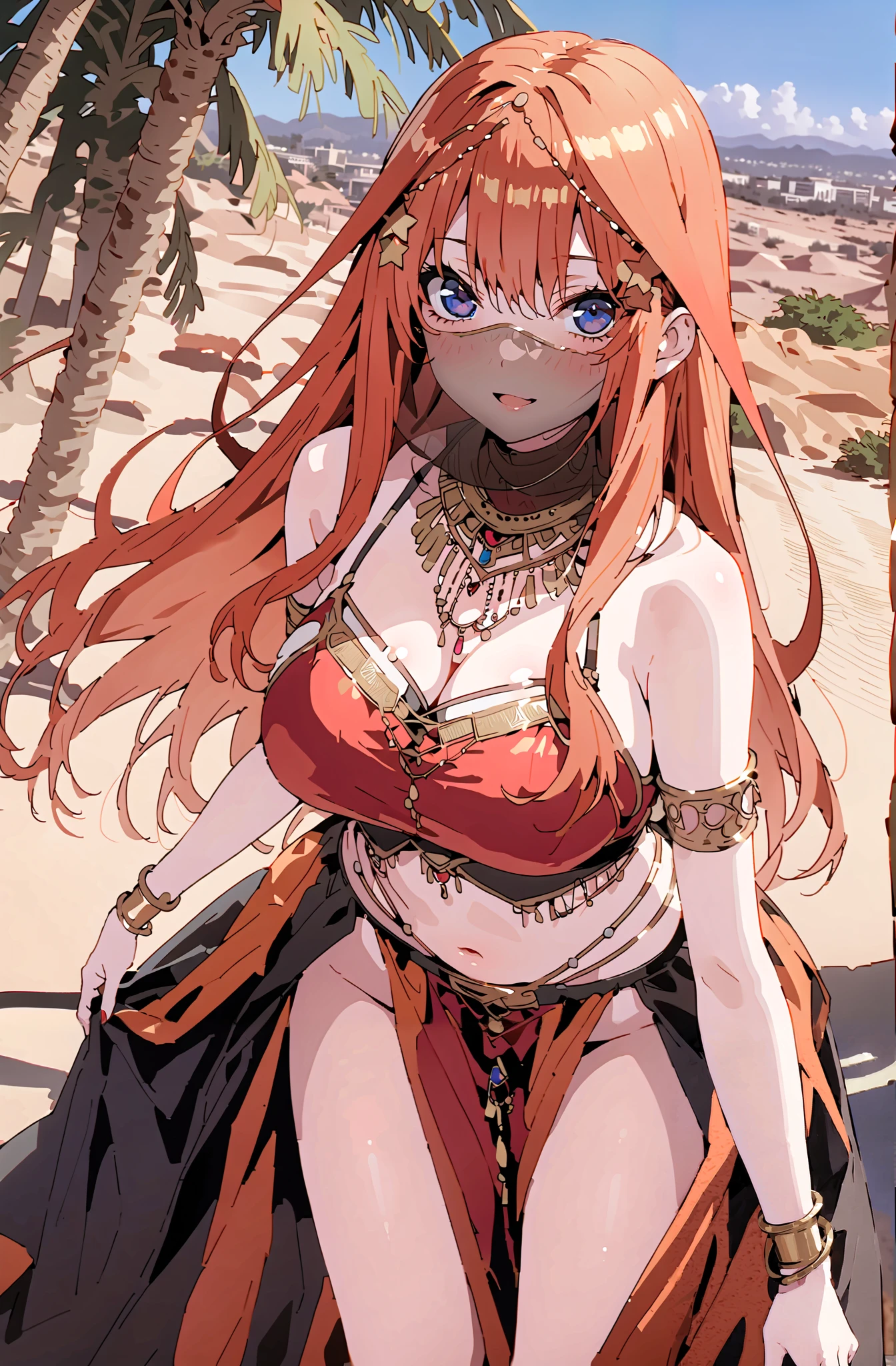 Nakano Mizuki , long hair, blue eyes, hair ornaments close to the garden, red hair, star ( symbol ), star hair ornaments close to the garden, Big Breasts, Chest Valley,Arabian clothing, dancer , mouth Veil, belly Dancing, Veil, armlet, palm tree, Bare legs,break outdoors, desert,
break looking at viewer,whole body,
break (masterpiece:1.2),TOP QUALITY , kampala, Unity 8K Wallpaper ,(shape:0.8),( fine, beautiful eyes :1.6),It's a person ,whole body写真,CG Details , ( perfect hands,Complete Anatomy),