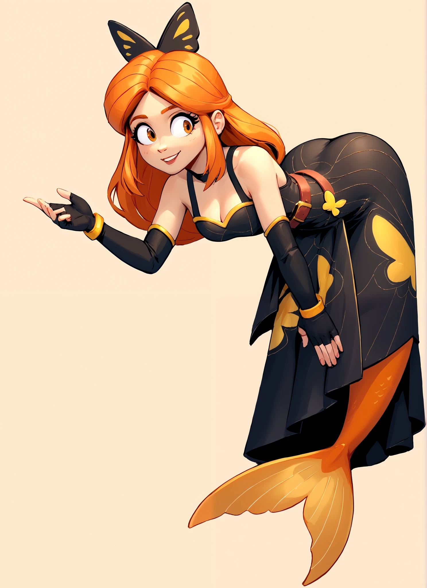 score_9, score_8_up, score_7_up,   1  girl  , bpiper  , orange hair, long hair,  butterfly hair ornament, cleavage , black sleeveless dress,long dress,  pelvic curtain,  belt ,  black elbow gloves, fingerless gloves  posmach  , mermaid xl, , full body , Bending Over [Pony XL] , smiling , simple background, facing ass , head turned 