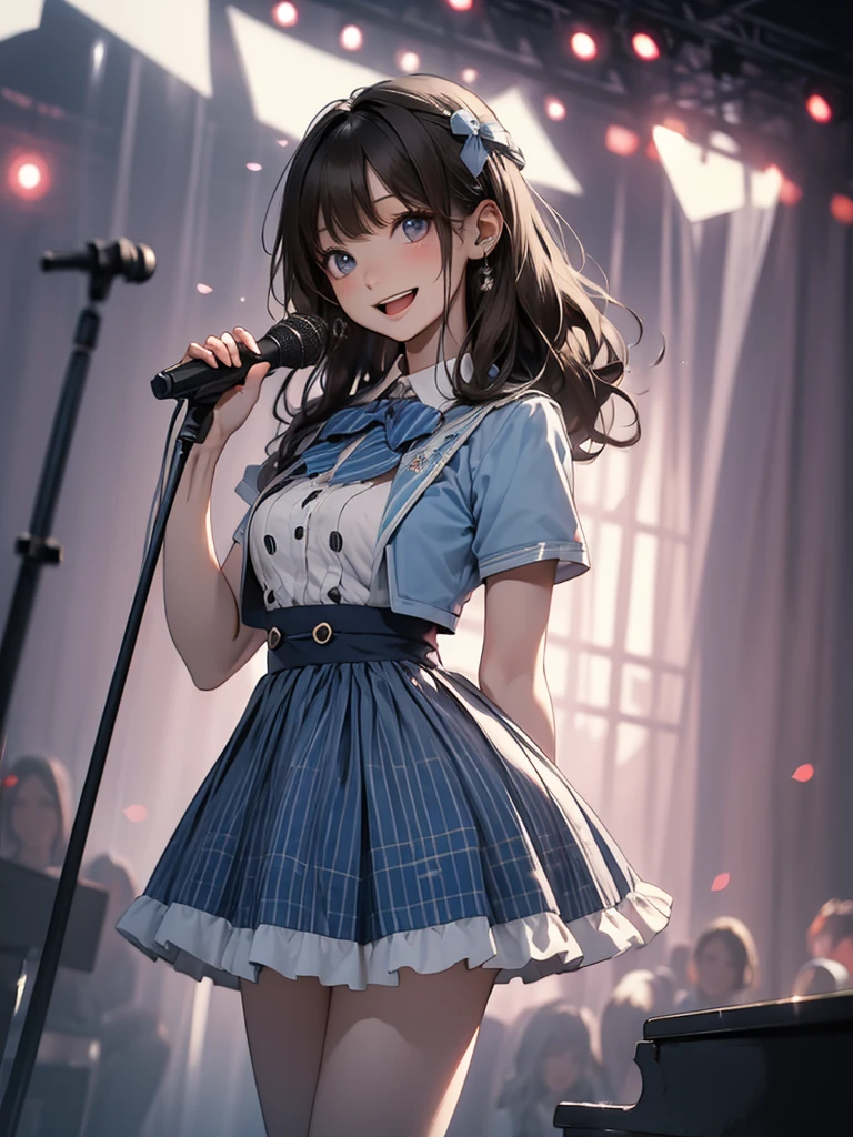 very cute and beautiful girl,(highly detailed beautiful face and eyes),(smile:1.2),happy,
black hair,looking at viewer,dancing,singing,beautiful legs,cowboy shot,
teen idol costume like AKB48,akiba idol with detailed frills,plaid vest,plaid blue mini skirt,
skirt fluttered in wind,live stage,concert hall,spot light,
(best quality,masterpiece),absurdres,highres,ultra-detailed,extremely detailed,32k,8k resolution,
intricate details,cinematic scene,detailed background,solo,dynamic angle,perfect hands,