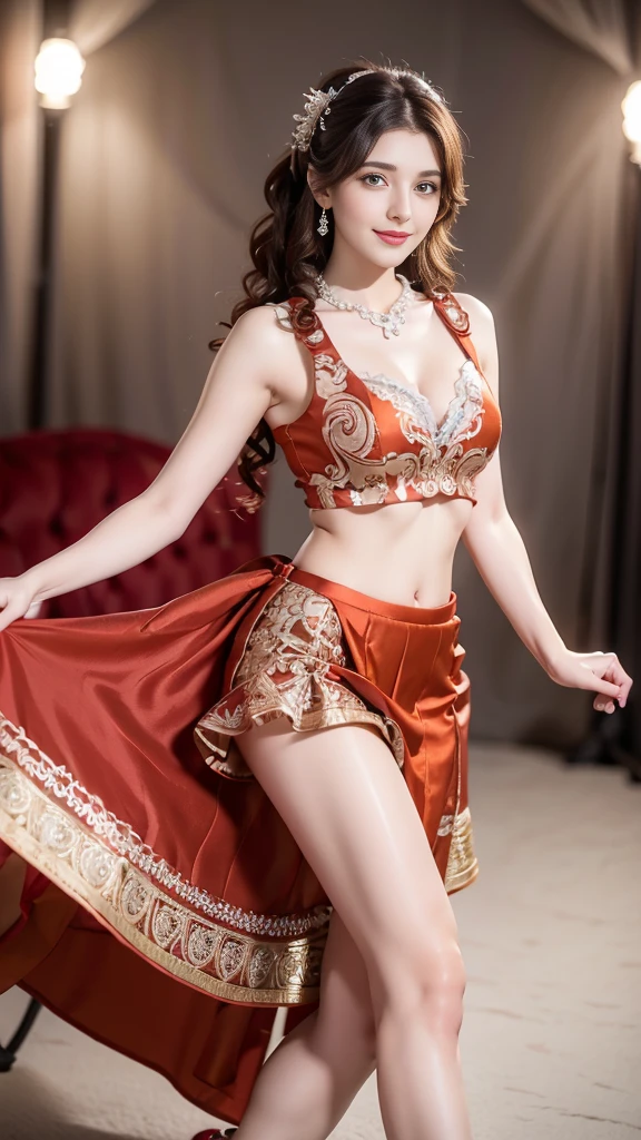 (8k, RAW photo, best quality, masterpiece:1.2), (realistic, photo-realistic:1.4), (extremely detailed CG unity 8k wallpaper), (1 girl:1.5), Western beauty, (Red clothes: 1.4), red spots on forehead, pale skin, blush, big eyes, full body, thighs, open navel, gold waist chain, gold jewelry, flying ribbons, particles, background Loulan ancient city, ancient city wall, desert, dance, dunhuang_dress, dunhuang_style,
