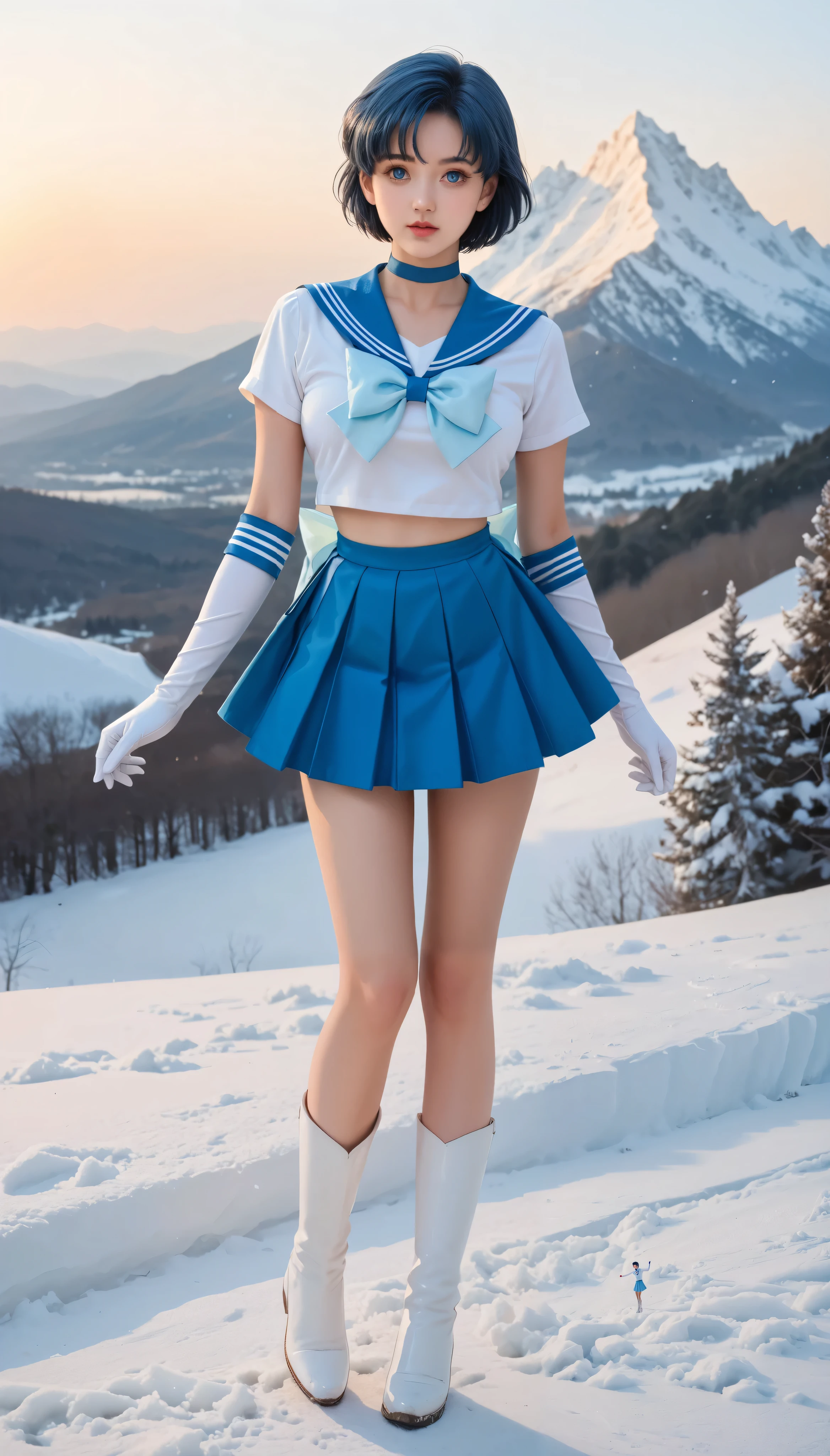 full body,score_9,score_8_up,score_7_up,8k,pretty face,detailed face,detailed eyelashes,heavy make-up,dynamic pose,outdoors,sunset,snow mountain,large breasts,slim waist,wide hips,1girl,((intricate)), sailor mercurry, russian girl, blue eyes, ((blue hair)), short hair, blue choker, blue mini skirt, pleated mini skirt, tight skirt, light blue butterfly ribbon, butterfly ribbon on the chest, long gloves, boots, long white shoes, realistic