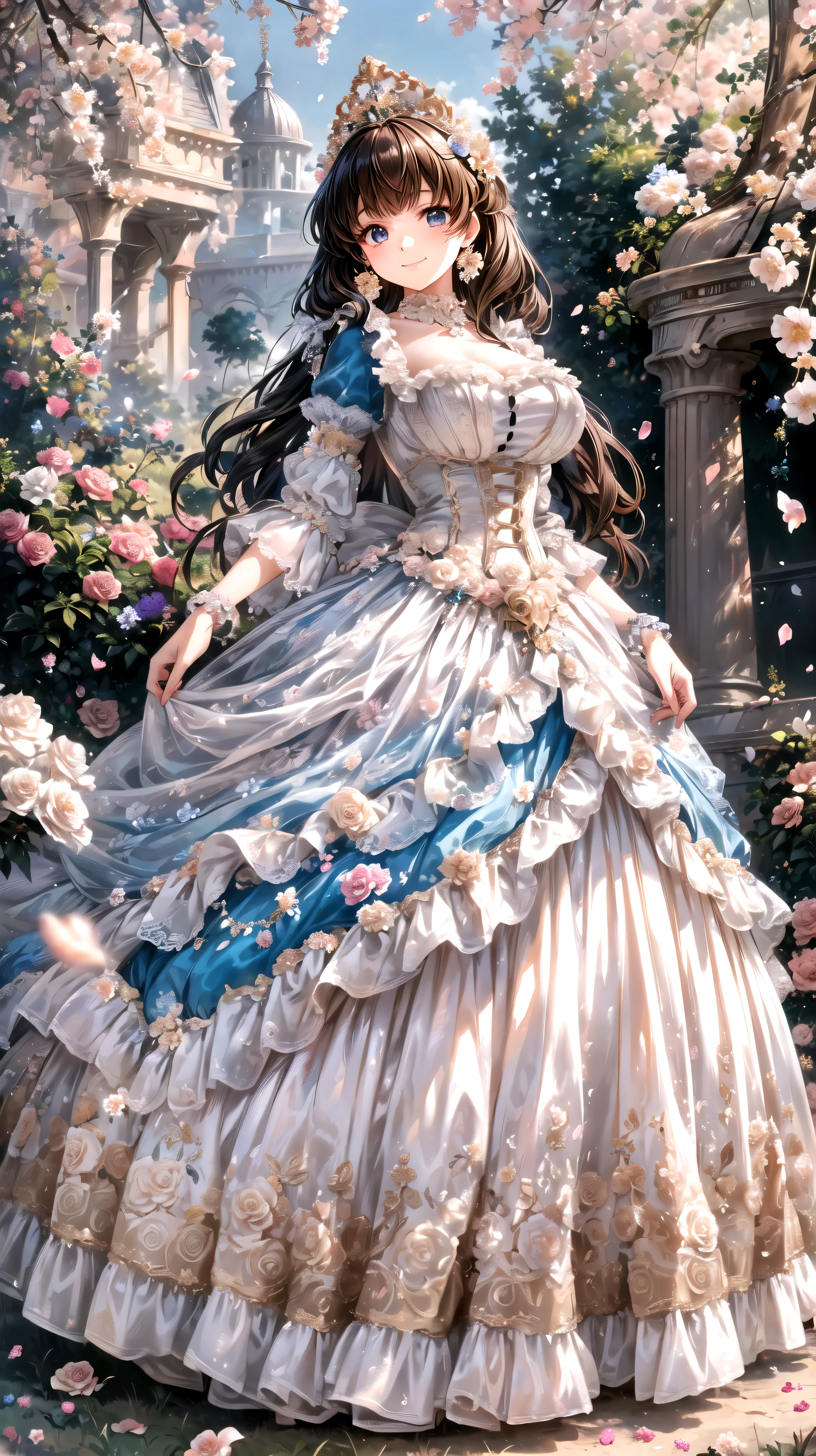 solo princess , curly hair, floral crinoline hoop skirt, petticoat dress, corsets, Retroドレス, huge breasts, hyper detailed beautiful eyes, tiara, fluffy, Gold, hyper detail face, ((Smile)), light particles, Retro, ((On the Hill)), Surrounded by flowers, (Flowing Petals), shallow depth of field, film grain, landscape, light sparkles, light leaks, (anime moe art style:1.3), (very wide shot:1.3), spectacular views, Amazing Scenery, ((Superbly detailed drawing, ultra detailed, exquisite quality, absolutely resolution)),