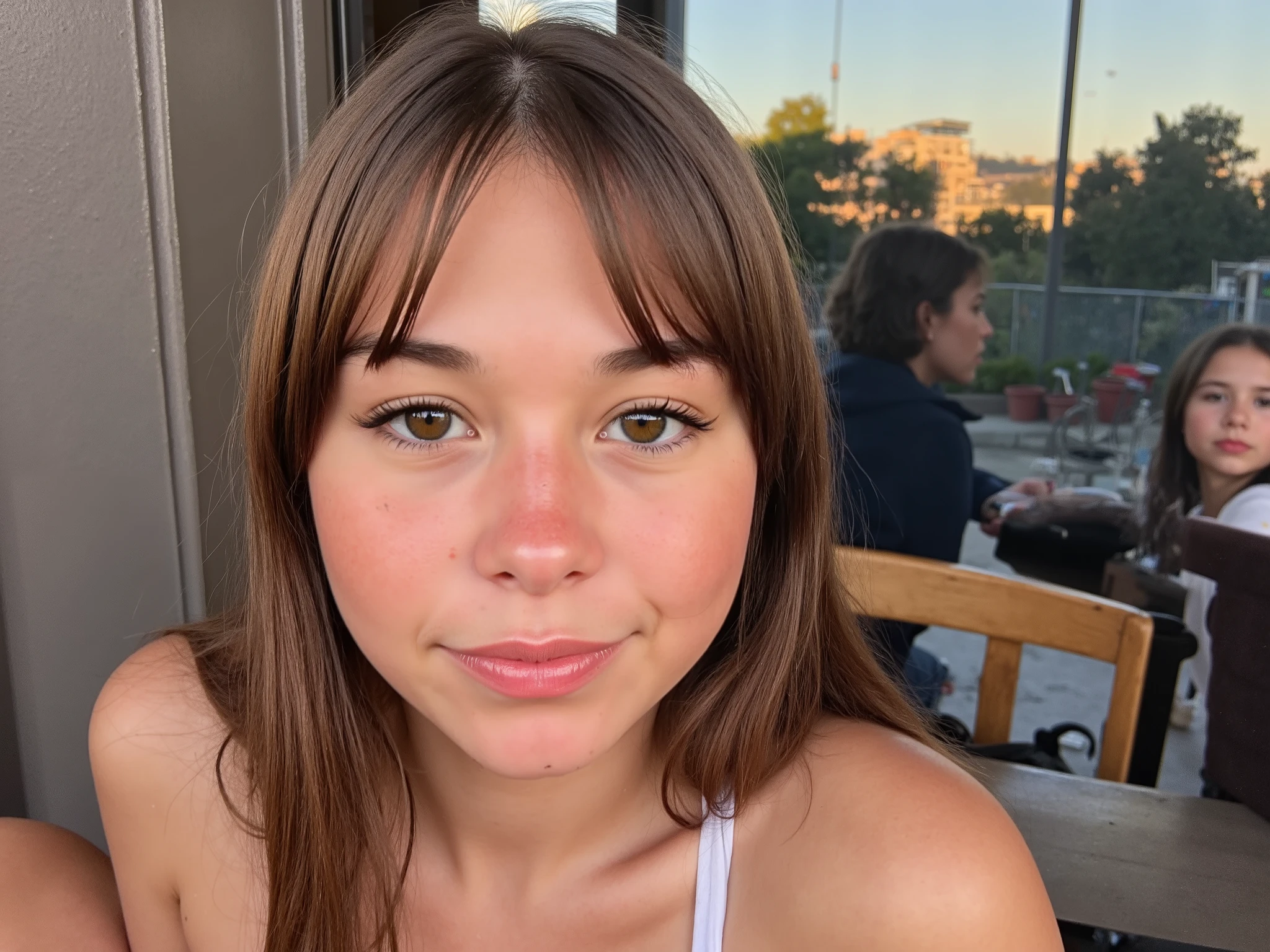 adolescent, 1 girl, Selfie, makeup, eyeliner, small nose, , thin , slanted eyes, big eyes, full fringe on the right side , youthful appearance , , details eyes , Iris , smiling, smile, youthful appearance , sitting , vintage aesthetic , cute face , long hair, cabelo pelos shoulders, shoulders, volumoSo hair, luz media , ambient light, sunset , Sun reflection through the window, in the Environment, focused environment, Environment:cafeteria, Be, objects, olhos Berados