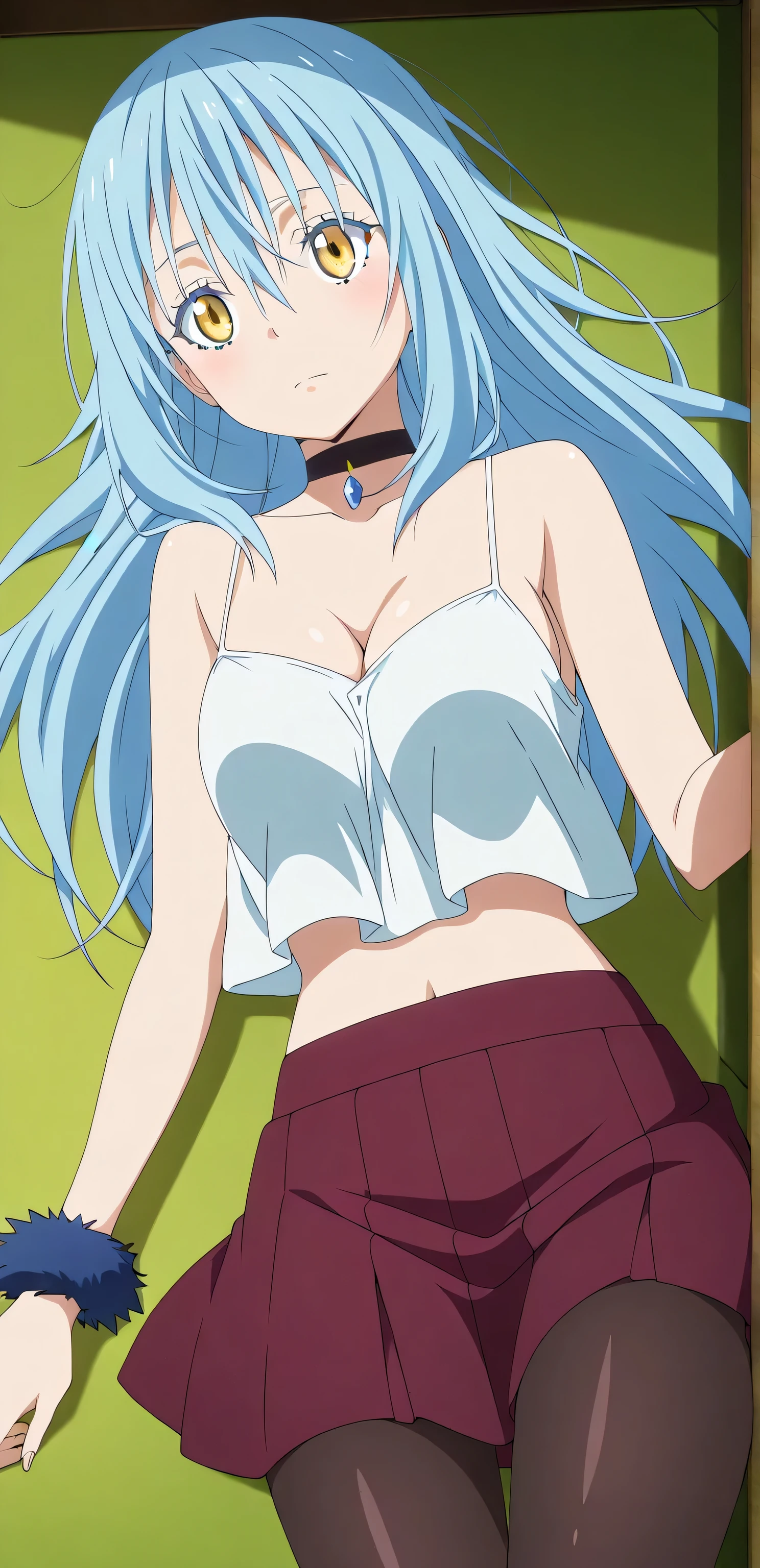 masterpiece, High resolution, anime.alone,Adult female, 8k, detailed, Perfect Face, highest quality, (super high quality),（Jujutsu Kaisen Art Style）, (Lying on the ground), (close ~ eye:1.3), （Open your mouth）,clavicle, topless, Medium breast,(Open your mouth;1.5), Perfect nipples,Cleavage, Blue Hair, Long Hair, dark blue eye, Stomach, , belly button, (White lace panties), White shirt fully open front, Fully open white shirt, (White color too), in the forest,Perfect body, Upper Body, blush,,Troubled expression, Troubled eyebrows,in the forest,
