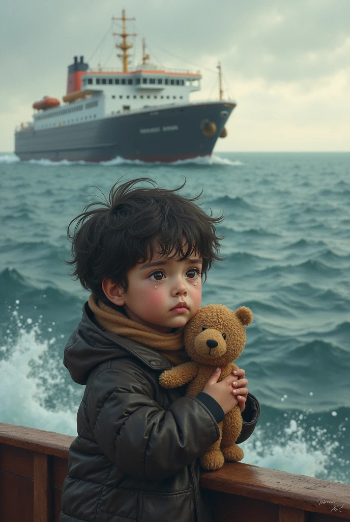 Menino pobre em frente ao mar, em um navio com sua familia